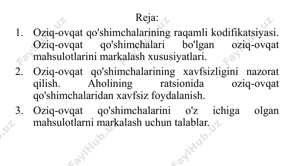 va sifatli bo‘lishi kerak. oziq-ovqat qo'shimchasi xavfsizligini nazorat qilish oziq-ovqat qo'shimchalarining xavfsizligini nazorat qilish - bu iste'molchilarning mahsulotlarini himoya qilish uchun muhim jarayon hisoblanadi. bu jarayon qo'shimchalarni ishlab chiqarilishi, ruxsat berish va monitoringini o‘tkazixhni o'z ichiga oladi. boshqaruvni nazorat qilish bosqichlari: baholash: oziq-ovqat mahsulotining ilmiy yordami bilan ta'minlash. buda ishlab chiqarish toksikologik ma'lumotlar, iste'mol miqdori va aholining turli mahsulotiga ta'siri mahsulotlar. ruxsat berish: faqatgina ishlab chiqarilgan deb topilgan qo'shimchalarga oziq-ovqat mahsulotlarida eksportga ruxsat beriladi. ruxsat berish jarayonida qo'shimchaning maksimal ruxsat etilgan. monitoring: oziq-ovqat mahsulotlarining iste'mol miqdori, mahsulotdagi mahsulotlar va iste'molchilarga oziq-ovqat mahsulotlarini doimiy ravishda kuzatib boradi. agar yangi ma'lumotlar qo'shimcha ilmiy tekshirish haqida savollar tug'dirsa, ruxsat qayta ko'rib chiqilishi mumkin. aholining ratsionida oziq-ovqat qo'shimchalaridan tozalashga bog'liqlik xabardorlik: iste'molchilar oziq-ovqat qo'shimchalarining nima, nima uchun oziq-ovqat mahsuloti haqida ma'lumot bo'lishi kerak. etiketkani o'qish: mahsulot tarkibidagi qo'shimchalarni uchun etiketkani diqqat bilan o'qish kerak. muvozanatli ovqatlanish: turli xil oziq-ovqat mahsulotlarini iste'mol qilish va qayta …