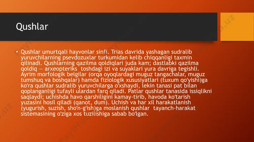 rini tark etishadi. ular qishlash joylariga yetguncha janubga uchadilar. ba'zi qushlar hatto kerak bo'lgandan ko'ra janubga ham uchib ketishadi. ehtimol, ular instinktiv ravishda ota -bobolari joylashgan joyga qaytishadi.ko'chib yuruvchi qushlarni bir necha turga bo'lish mumkin. masalan, barcha qaldirg'ochlar uzoq masofalarga ko'chib o'tishadi: afrikaga, saharaning janubiga. biz ularni umumiy migrantlar deymiz. ba'zi turlar shimoldan janubga qisqa masofalarga ko'chib o'tadi. masalan, starling yil davomida buyuk britaniyada qoladi. qishda, skandinaviya yulduzlari buyuk britaniyaga etib keladilar va yashovchilar bilan qishlaydilar. biz bu qushlarni qisman migrantlar deb ataymiz. qaldirg‘och qaldirgʻochlar — sayroqi chumchuqsimonlar oilasi. uz. 10— 23 sm. qanotlari uzun va ingichka; uzoq va tez (27,5 m/sek. gacha) uchishga moslashgan. deyarli faqat hasharotlar bilan oziqlanadi. oyoqlari kalta, yerda yaxshi yurolmaydi. shuning uchun yerga faqat in qurish davrida material yigʻish uchun qoʻnadi; oʻljasini havoda tutadi; suv ustida past uchib, suv ichadi va choʻmiladi. qning 20 urugʻi va 79 turi maʼlum. arktika va antarktidadan tashqari barcha hududlarda …
