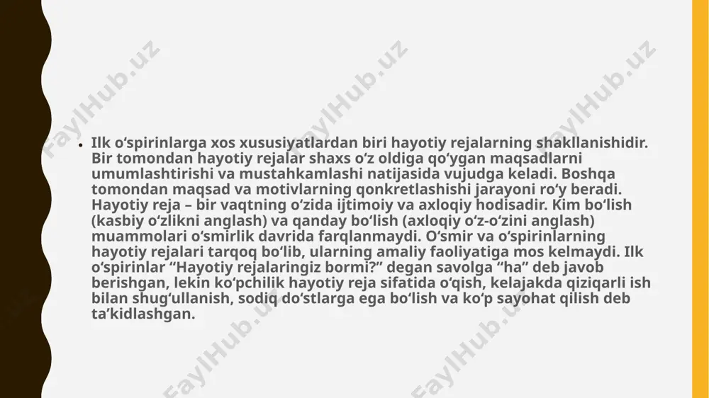 qiziqishlar, qobiliyatlar va qadriyatlar yo‘nalganligidan tashqari qaror qabul qilishda o‘zining imkoniyatlarini – oilaning moddiy sharoiti, o‘quv tayyorligi darajasi, sog‘lig‘i va boshqalarni hisobga olish ham muhim rol o‘ynaydi. kasb tanl kasb tanlash ilk o‘spirindan ikki xil ma’lumotni talab qiladi: kasb dunyosi va har bir kasbga qo‘yiladigan talablardan xabardorlik; o‘z qobiliyatlari va qiziqishlarini bilish. u ma’lumot ham bu ma’lumot ham ilk o‘spirinlarga etishmaydi. ilk o‘spirinlarning hayotiy rejalarini amalga oshirish va kasb tanlashi ijtimoiy sharoitlarga, ayniqsa ota-onaning umumta’lim darajasiga bog‘liq.ota-onaning ta’lim darajasi qanchalik yuqori bo‘lsa, farzandlarining oliy-o‘quv yurtida o‘qishni davom ettirishi va bu rejalarni amalga oshirish ehtimoli shunchalik yuqoridir. hayotiy rejalarni amalga oshirish ehtimoli yigitlarda qizlarga nisbatan yuqoridir. foydalanilgan adabiyotlar image1.jpeg image2.jpeg image3.png image4.jpeg /docprops/thumbnail.jpeg