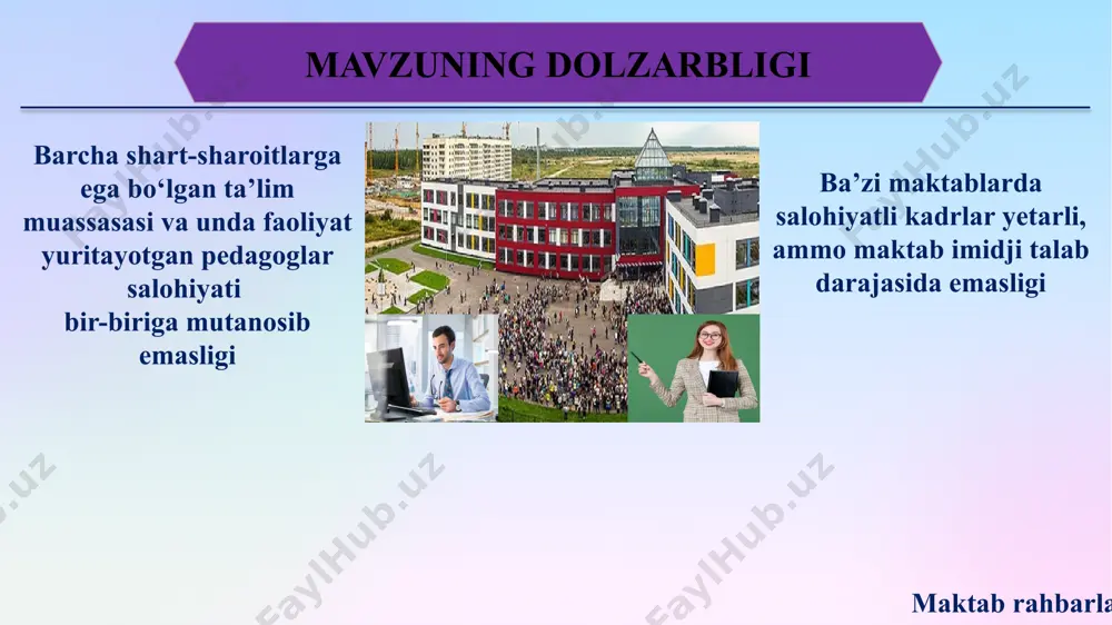 quvchilarni muntazam rag‘batlantirib borish bitiruvchilarni oliy ta’limga va kasbga yo‘naltirishda natijadorlikka erishish. media va pr (jamoatchilik bilan aloqalar) faoliyatini kuchaytirish. qo‘shimcha daromad topish orqali maktab infratuzilmasi, moddiy texnik bazasini rivojlantirib borish. asosiy vazifalar: buyuk britaniya ta’lim tizimi maktab imidjida ota-onalar bilan hamkorlik orqali natijadorlikka erishiladi. buyuk britaniya: aqshda maktab imijini shakllantirishda media va marketing faolligi juda katta ahamiyatga ega. maktablar o‘z yutuqlarini ijtimoiy tarmoqlarda yoritib borish orqali maktabga salohiyatli kadrlar va iqtidorli o‘quvchilarni jalb qiladilar. aqsh: germaniya maktablarida o‘quvchilar o‘qish bilan birga amaliyot o‘tash imkoniyatiga egadirlar. maktablar universitetlar va korxonalar bilan hamkorlikda faoliyat olib boradilar. germaniya: yaponiya maktablarida ta’lim va tarbiya bir xil ahamiyat kasb etib, maktab imidji va obro‘sini oshirib borish va saqlash o‘quvchilarning asosiy vazifalaridan biridir. yaponiya: muammo yuzasidan xorijiy tajribalar 7 qiyosiy tahlil 1.maktablarda media va pr xizmatlari qisman yo‘lga qo‘yilgan 2. maktab imidji atamasida maktabning faqat tashqi qiyofasi bilan cheklanilmoqda 3.maktablarda 2 ta yo‘nalishning biri bo‘yicha …