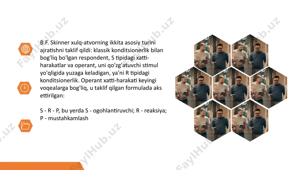 mo qabul qilib bo'lmaydigan motivini unutish orqali ichki ziddiyatni yumshatish; - proyeksiya - o'zining qabul qilib bo'lmaydigan his-tuyg'ularini, istaklarini, intilishlarini boshqa ob'ektga ongsiz ravishda o'tkazish; - identifikatsiya - o'zini boshqa odam bilan tanishtirish, unga kerakli his-tuyg'ular va fazilatlarni o'tkazish; - sublimatsiya - instinktiv energiyani ijodkorlik jarayoniga o'tkazish, shuningdek, aql-idrokning namoyon bo'lishi yoki jamiyat tomonidan tasdiqlangan shaklda keskinlikni bir zumda bartaraf etishga olib keladigan har qanday harakatlar. freyd oilani shaxsga hal qiluvchi ta'sir ko'rsatadigan guruh sifatida qaragan. u oilaviy munosabatlarni har qanday ijtimoiy guruhdagi munosabatlarning prototipi sifatida tushundi. birlamchi guruhning mohiyati, freydning fikriga ko'ra, bir xil shaxsni - yetakchini - o'z ideali sifatida qabul qiladigan va o'zini u bilan birlashtiradigan odamlar o'rtasidagi hissiy aloqalar tizimidan iborat. bu ularning o'zlarini bir-birlari bilan tanishtirishlarini anglatadi. shunday qilib, ikki turdagi aloqa o'rnatiladi - guruh a'zolari va har bir guruh a'zosi va yetakchi o'rtasida. lider bilan aloqalar uzilib qolsa, guruh parchalanadi. liderning o'zidan boshqa hech …