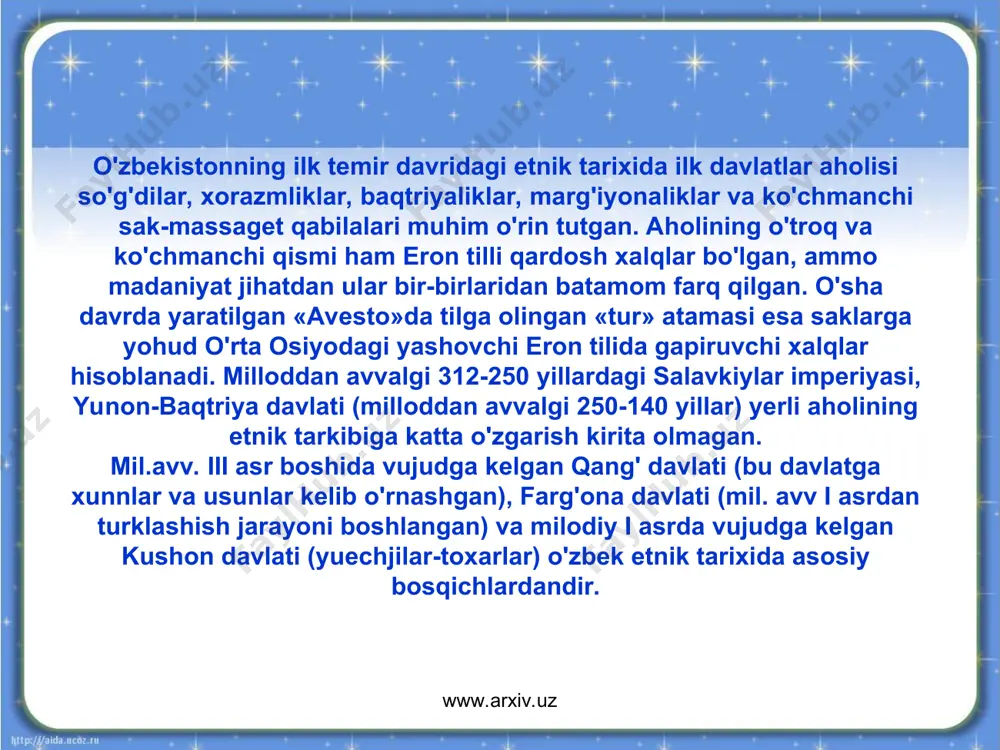 arining etnik tarkibi bir tekisda bo'lmagan. aholining katta qismi turkiyzabon bo'lgan. vohalarda tojik xalqi ham yashagan. arablar istilosidan keyin ayrim viloyatlarda arablar va boshqa etnik guruhlar ham joylashib olgan. chorvador va o'troq xalqlar doimo bir-biri bilan iqtisodiy va madaniy aloqa qilib kelgan. bu davrdagi etnik tarixni bayon etuvchi arab, fors va boshqi tildagi manbaalar juda ko'p (istaxriy, maqdisiy, ibn xavqal, al-ya'qubiy va x.k). ix-x asrlar o'zbekiston tarixida somoniylar va qoraxoniylar hukmronlik qilgan davrdir. unda farg'ona, sug'diyona, toxariston, xorazm kabi tarixiy-geografik hududlar bo'lgan. melodiy i-ii asrlarda xorazm vohasiga amudaryo shimoli va orol dengizining janubidagi cho'llarga turkiyzabon qabilalar, masalan, xunlar kelib o'rnashgan. bundan tashqari, keyinchalik hokimiyat tepasiga turkiy sulolalar g'aznaviylar va saljuqiylar keladi. bu davrda turklashish jarayoni kuchaygan. turkiylar bilan sug'diylar yonma-yon yashab, bir-birlarining tillarini baravar bilishgan. mahmud qoshg'ariyning «totsiz (so'g'diysiz) turk bo'lmas, bolesiz bo'rk bo'lmas» degan maqoli bunga isbotdir. keyinroq so'g'diylar, xorazmiylar atroflaridagi turkiy qabilalar ta'sirida turk tiliga o'ta boshlashgan. xi …