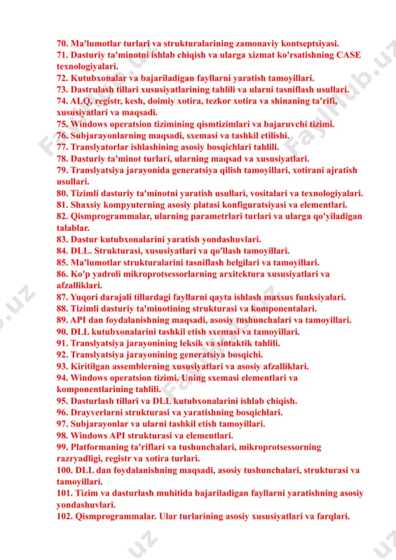 hilar va ularning asosiy vazifalari. 60. tizimli dasturchi dasturiy vositalari. 61. windows apiga kirish. asosiy tamoyillar. 62. dasturlash tillarini tasniflashning asosiy tamoyillari. 63. windows arxitekturasining foydalanuvchi rejimi komponentalari tahlili. 64. tizimli dasturlashning ta'rifi, tizimli dasturiy ta'minot va uning tarkibiy qismlari to'plami. 65. modul turlari va kutubxona yaratish tamoyillari. 66. xotiraning turlari va xususiyatlari, razryadlik va registrlar. 67. translyatorlarning ta'rifi, turlari va strukturalari. 68. overlay va rezident dasturlarning ta'riflari va tushunchalari, stek va kucha. 69. assemblerlardan foydalanishning maqsadi va afzalliklari. 70. ma'lumotlar turlari va strukturalarining zamonaviy kontseptsiyasi. 71. dasturiy ta'minotni ishlab chiqish va ularga xizmat ko'rsatishning case texnologiyalari. 72. kutubxonalar va bajariladigan fayllarni yaratish tamoyillari. 73. dastrulash tillari xususiyatlarining tahlili va ularni tasniflash usullari. 74. alq, registr, kesh, doimiy xotira, tezkor xotira va shinaning ta'rifi, xususiyatlari va maqsadi. 75. windows operatsion tizimining qismtizimlari va bajaruvchi tizimi. 76. subjarayonlarning maqsadi, sxemasi va tashkil etilishi. 77. translyatorlar ishlashining asosiy bosqichlari tahlili. 78. dasturiy …