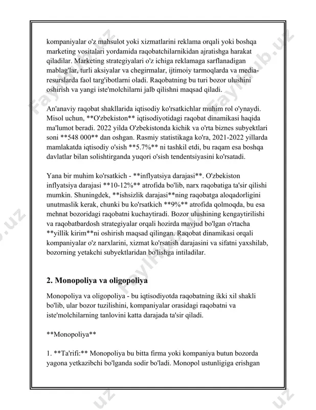 vtomobil sanoatida ustunlik qiluvchi 5 yirik kompaniya butun bozordan 80% ulushni egallaydi. - oligopoliyalik bozorlarda narxlar o'zgarishi odatda 5-10% oralig'ida bo'ladi. bu ikki tushunchaning iqtisodiy ahamiyati katta. monopoliyalarda yirik kompaniyalar ko'pincha innovatsiyalarni rag'batlantirish imkoniyatiga ega bo'lish imkoniyatiga ega bo'lsalar ham, ular bilan bog'liq bo'lgan iste'molchilar uchun yuqori narxlar va chegaralangan tanlov muammolar ko'tarishi mumkin. oligopoliyalar esa raqobatni saqlanishini ta'minlasa-da, ba'zan narx kelishuvlarini (kartel kelishuvlarini) va bozor hukmronligini qo'llab-quvvatlashi mumkin. shu sababli, hukumatlar va tartibga soluvchi organlar monopoliya va oligopoliyalarni boshqarish va nazorat qilish, iste'molchilar manfaatlari himoyalanishini ta'minlash uchun muhim rol o'ynaydi. 3. erkin bozor raqobati erkin bozor raqobati — bu bozor iqtisodiyotining asosiy tamoyillaridan biri bo‘lib, u bozordagi turli ishtirokchilar o‘rtasida tovar va xizmatlar uchun raqobatni anglatadi. bu raqobat bozor mexanizmlarini rivojlantirishda va iqtisodiyot samaradorligini oshirishda muhim rol o‘ynaydi. quyida erkin bozor raqobati bilan bog‘liq ba'zi muhim ma'lumotlar va raqamlar keltirilgan. 1. **iqtisodiy o'sish**: - raqobatli bozor tizimi o'rtacha iqtisodiy …