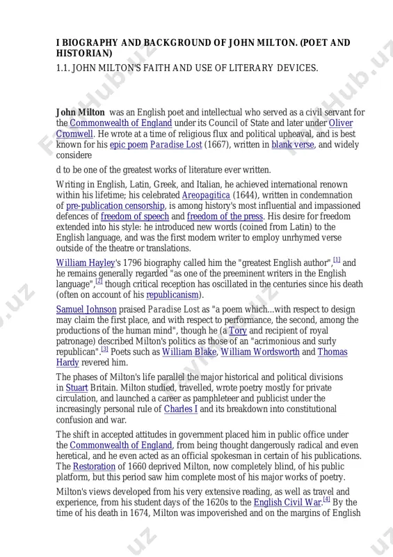 n_milton#cite_note-works-3 https://en.wikipedia.org/wiki/william_blake https://en.wikipedia.org/wiki/william_wordsworth https://en.wikipedia.org/wiki/thomas_hardy https://en.wikipedia.org/wiki/thomas_hardy https://en.wikipedia.org/wiki/house_of_stuart https://en.wikipedia.org/wiki/charles_i_of_england https://en.wikipedia.org/wiki/commonwealth_of_england https://en.wikipedia.org/wiki/english_restoration https://en.wikipedia.org/wiki/english_civil_war https://en.wikipedia.org/wiki/john_milton#cite_note-4 intellectual life, yet famous throughout europe and unrepentant for his political choices. john milton was born in bread street, london on 9 december 1608, the son of composer john milton and his wife sarah jeffrey. the senior john milton (1562– 1647) moved to london around 1583 after being disinherited by his devout catholic father richard "the ranger" milton for embracing protestantism. [5] in london, the senior john milton married sarah jeffrey (1572–1637) and found lasting financial success as a scrivener. [6] he lived in and worked from a house on bread street, where the mermaid tavern was located in cheapside. the elder milton was noted for his skill as a musical composer, and this talent left his son with a lifelong appreciation for music and friendships with musicians such as henry lawes. [7] milton's father's prosperity provided his eldest …