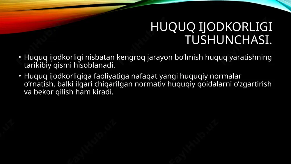 va shaxslar tomonidan muayyan qonun loyihasini yoki yangi qonun qabul qilish to‘g‘risida, shuningdek qonunni o‘zgartirish yoxud uni bekor qilish to‘g‘risidagi taklifning oliy majlis e’tiboriga taqdim etilishi va parlament tomonidan bu masalani belgilangan tartibda ko‘rib chiqish haqida tegishli qaror qabul qilishdir. qonun ijodkorligi jarayonining asosiy bosqichlari. normativ-huquqiy hujjatlarning vaqt, hudud va shaxslarga nisbatan amal qilishi. amaldagi qonunchilikka binoan qonunchilik tashabbusi huquqiga o‘zbekiston respublikasi prezidenti, o‘z davlat hokimiyatining oliy vakillik organi orqali qoraqalpog‘iston respublikasi, o‘zbekiston respublikasi oliy majlisining qonunchilik palatasi deputatlari, o‘zbekiston respublikasi vazirlar mahkamasi, o‘zbekiston respublikasining konstitutsiyaviy sudi, oliy sudi, bosh prokurori egadirlar va bu huquq qonunchilik tashabbusi huquqi subyektlari tomonidan qonun loyihasini o‘zbekiston respublikasi oliy majlisining qonunchilik palatasiga kiritish orqali amalga oshiriladi (konstitutsiyaning 83-moddasi). qonun ijodkorligi jarayonining asosiy bosqichlari. normativ-huquqiy hujjatlarning vaqt, hudud va shaxslarga nisbatan amal qilishi. qonun loyihasini qonunchilik palatasiga kiritishda quyidagilar taqdim etilishi kerak: 1) qonun loyihasiga uning konsepsiyasi bayon qilingan holdagi tushuntirish xati; 2) o‘zgartishlar va …