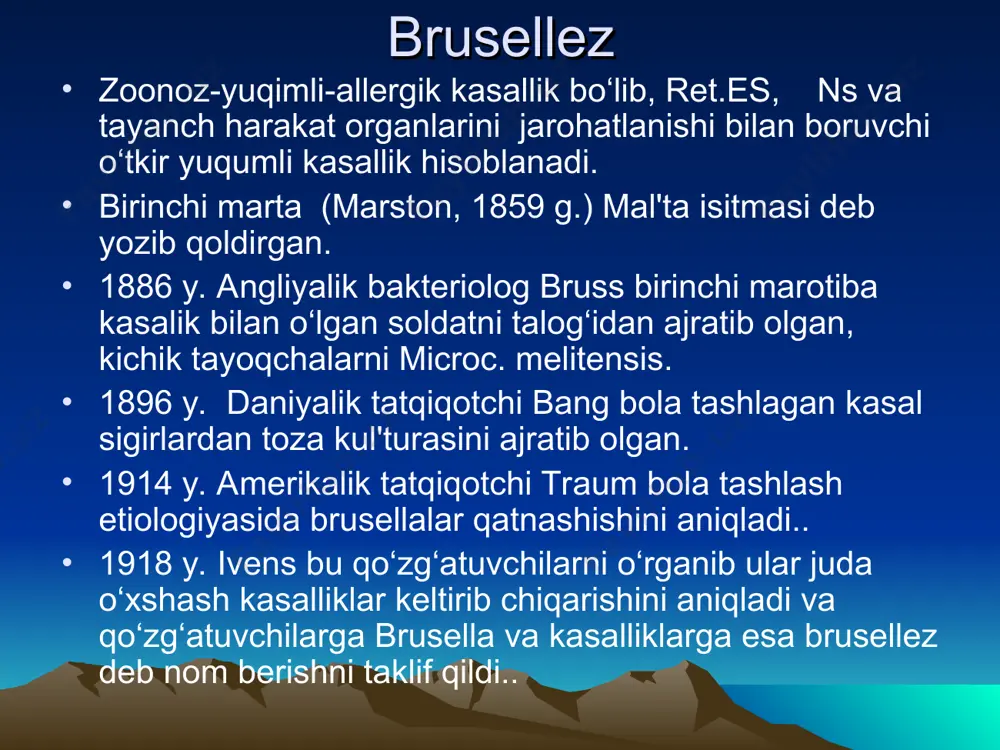 qo‘zg‘atuvchisi каsallik hamma yerda uchraydi,ko‘proq osiyo, afrika, l/amerikasida uchraydi. b. anthracis avlod bacillus = 48 tur, asosan: b. subtilis b. cereus rivojlangan mamlakatlarda kasallanadi: professional ishchilar (hayvonlar mahsulotlarini ishlov berishda: teri,jun va sut mahsulotlari. rivojlaniyotgan mamlakatlarda – chorvadorlar kasallanadi. 1788 y. andrievskiy uralda– epidemiya vaqtida topgan. qo‘zg‘atuvchini r. kox (basilli koxa) ajratib olgan. qo‘zg‘atuvchini asosiy xususiyatlari morfologiyasi, fiziologiyasi, bioximiyaviy xususiyati. surtmada bambukni eslatadi (zanjirsimon joylashadi kapsulasi bor). penisillin ta'sirida (zan. protoplast) “marvar shodasi” (jemchujnoe ojerel'e) asosiy faktorlari patogenlik omillari: kapsula + ekzotoksin: gemoliz shish keltirib chiqaradi o‘ldiruvchi. chidamliligi vegetativ formasi chidamsiz. sporasi o‘ta chidamli. tuproqda 10 – 30 yil saqlanadi. quriq issiq 1500s = 1 soat o‘ldiradi. dez. rastvorlarda fenol 10% = 2 soatda o‘ladi. patogenezi manbai: kasallar chorva mollari(katta va kichik shoxli hayvonlar). tuproq: spora → vegetativ → spora. hayvonlarda ichak-septik formasi. 80 % o‘lim bilan tugaydi,qon aralash ich ketish kuz-di. yuqishi: kontakt, alimentar, havo tomchi chang yo‘li, transmissiv …