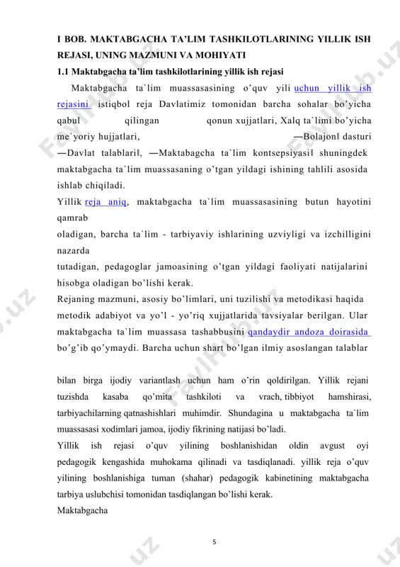 abgacha tarbiya uslubchisi tomonidan tasdiqlangan bo’lishi kerak. maktabgacha ta`lim muassasasining yillik ish rejasi bolalar muassasasining barcha ishlarini qamrab oladi. unda ma`muriy-xo’jalik vazifalar, kadrlar bilan ishlash, bolalar bilan bo’ladigan ta`lim - tarbiyaviy ishga rahbarlik va boshqalar rejalashtiriladi. yillik ish rejaning asosiy bo’limlaridan biri - bolalar bilan bo’ladigan ta`lim - tarbiyaviy ishni rejalashtirishdir. muassasaning oldingi yildagi ishining holatini tahlil qilish asosida muassasannng umuman va har bir guruxning alohida tarbiyaviy ish vazifalari aniqlanadi. maktabgacha ta`lim muassasasisidagi ta`lim - tarbiyaviy ishning vazifalari bajarilishi shart bo’lgan «maktabgacha ta`lim muassasasisi ta`lim - tarbiya dasturi»da belgilab berilgan, shuning uchun yillik ish rejaga faqat pedagoglar jamoasining alohida e`tiborini talab qiladigan umumiy masalalar kiritiladi. bunda tarbiyachilarning tajriba va malakalari, bolalar tarkibining xususiyatlari xisobga olinadi. masalan, oz miqdorda zaif bolalar bo’lsa, sog’lomlashtirish ishi rejalashtiriladi; boshqa hollarda aqliy va ma`naviy tarbiya masalalarini, bolalarning nutqinn rivojlantirish masalalarini hal qilish va shu kabilarga alohida e`tibor beriladi. yillik ish rejasida ta`lim va tarbiyaning u …