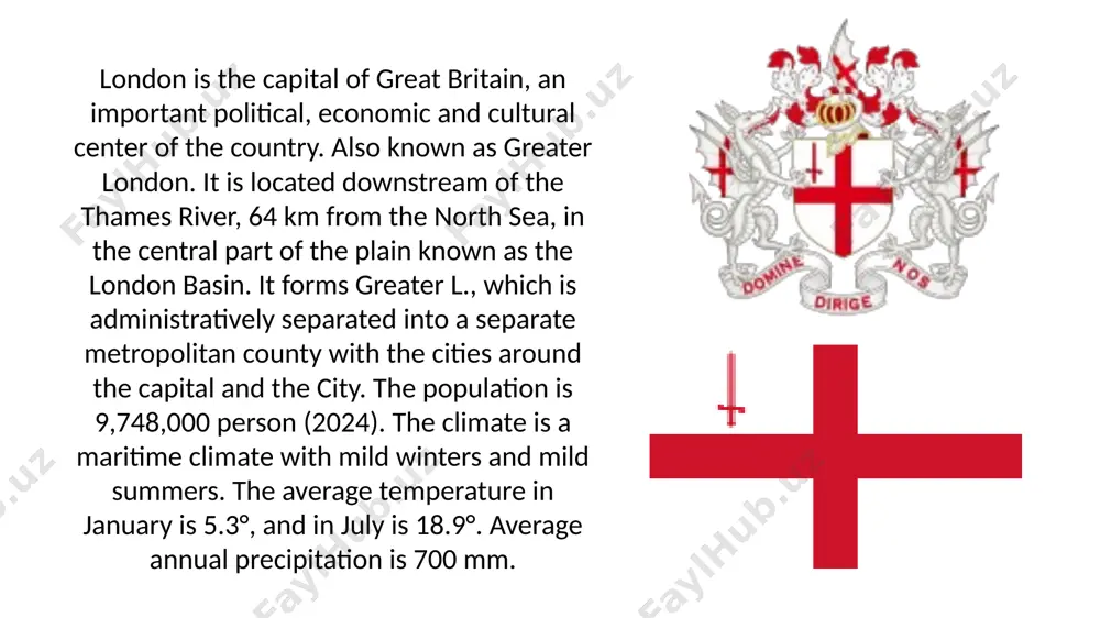metro in the world was built in l. (1860-63). various financial, trade, insurance companies, banks, trade and stock exchanges, publishers, gas in l. editorial offices, international and british monopolies and branches of foreign firms are gathered. climate london has a moderate maritime climate with mild winters and warm summers and an even distribution of rainfall throughout the year. as in western europe, the mild climate is influenced by the warm ocean currents of the gulf stream. one of the unique features of london's climate is the difference in temperature amplitude from january (+5.1 °c) to july (+18.1 °c) is 13 °c. london iqlimi koʻrsatkich yan fev mart apr may iyun iyul avg sen okt noy dek yil mutlaq maksimal, °c 17,2 21,2 24,5 29,4 32,8 35,6 37,9 38,1 35,0 29,5 21,1 17,4 38,1 oʻrtacha maksimal, °c 8,4 9,0 11,7 15,0 18,4 21,6 23,9 23,4 20,2 15,8 11,5 8,8 15,7 oʻrtacha …