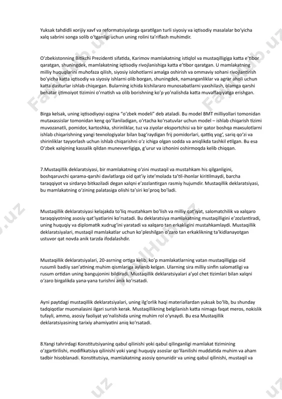 tning tarmoq vositalari, inshootlari va iqtisodiy modeli kengaytirib borilmoqda. 2. ijtimoiy rivojlanish: oʻzbek modeli ijtimoiy sohani rivojlantirish uchun keng imkoniyatlarni o’z ichiga oladi. oʻzaro aloqalar va inson huquqlarining muhimligi, masofaviy ta’lim tizimini rivojlantirish, ma’naviyat va axloqiy qadriyatlarni muhofaza qilish, ijtimoiy taraqiyotni mustahkamlashning muhim asoslari hisoblanadi. 3. siyosiy isloh: oʻzbekiston mustaqil va demokratik mamlakat sifatida, siyosiy tizimning islohlanishi, yurt fuqarolarining huquqlariga hurmat ko’rsatish, ishtirok etish va aybdorlik prinsiplariga rioya etiladi. 4. markaziy aziyoga oid ommaviy va ishtirokli siyosiy strategiya: oʻzbek modeli markaziy aziyoga oid ommaviy, ishtirokli siyosiy va iqtisodiy strategiya ko’rsatadi. mamlakat elchilik tashkil etishini, iqtisodiy integratsiyani va xalqaro tashkilotlar bilan ishbilarmonlikni rivojlantirishga qaratilgan. 5. texnologiyalarni yuqori darajada qo’llab-quvvatlash: oʻzbek modeli iqtisodiy taraqqiyotning keng doirada saqlanishini, o’sishi va yangilashini ta’minlaydigan texnologiyalarni yuqori darajada qo’llab-quvvatlashga qaratilgan. bu xususiyatlar oʻzbek modelini asosiy o’rtacha qadriyatlar va qadriyatlarini namoyish etadi. oʻzbek modeli mamlakatning oʻziga xos taraqqiyot ko’rsatkichi va tizimi sifatida o’lchov bermokda va mustahkam hisoblanadi. …