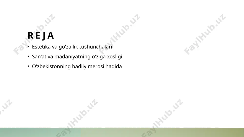 t va madaniyat o'rtasidagi bog'lanish san'at va madaniyat bir-birini to'ldirib, o'zaro ta'sir qiladi. madaniyat san'atni shakllantiradi, san'at esa madaniyatni ifodalaydi, bu jarayon doimiy ravishda davom etadi. 2 o'ziga xoslik va muvozanat o'zbekiston san'ati o'ziga xos elementlar bilan boyitilgan. mahalliy an'analar va zamonaviy yondashuvlar o'rtasidagi muvozanat san'atni yanada jozibador qiladi. 3 folklor va zamonaviylik o'zbek folklori va zamonaviy san'at o'rtasidagi o'zaro ta'sirlar, milliy identitetni saqlashda va yangi ijodiy yo'nalishlarni rivojlantirishda muhim ahamiyatga ega. o'zbekiston san'atining tarixiy rivojlanishi va uning madaniy ahamiyati. 1 o'zbekiston san'atining ildizlari - o'zbek san'ati qadimiy tarixga ega bo'lib, turli davrlarda turli madaniyatlar va dinlarning ta'sirida rivojlangan, xususan, islomiy san'at. 2 madaniy meros va an'analar - o'zbekiston san'atining madaniy merosi, asosan, folklor va an'anaviy hunarmandchilikdan iborat bo'lib, ular milliy o'ziga xoslikni namoyish etadi. 3 zamonaviy ta'sirlar - o'zbekiston san'ati zamonaviy g'oyalar va global tendensiyalar bilan birlashib, yangi ijodiy oqimlar va uslublarni rivojlantirishga yordam beradi. mahalliy an'analar va zamonaviy …