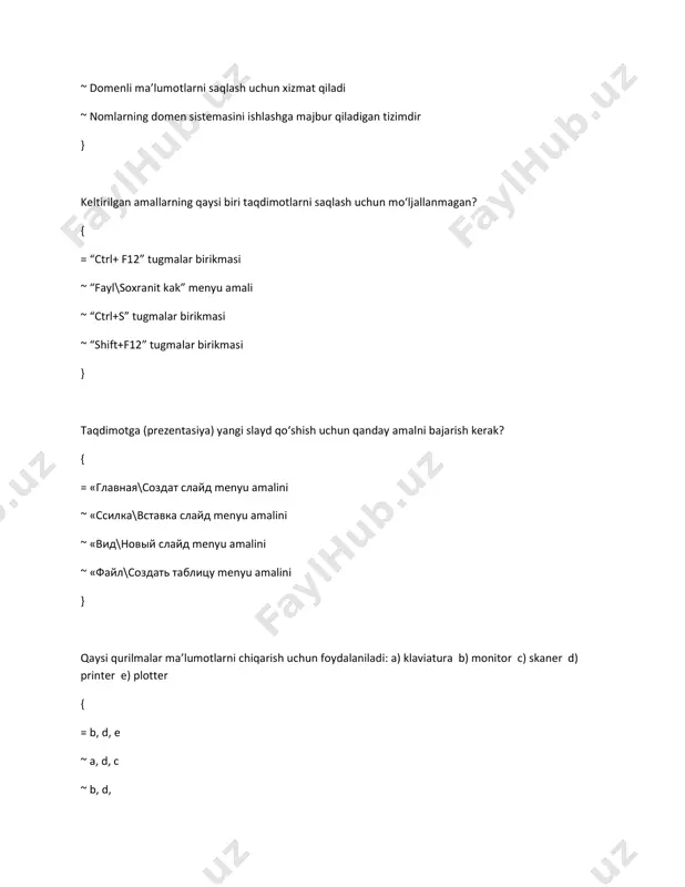 qo'ysa bo'ladi ~ slaydga animatsiya qo'ysa bo'ladi ~ slaydga makroslar qo'ysa bo'ladi ~ arfografik hatolarni tekshirish } power point da strl+o tugmasi qanday vazifani bajaradi? { = faylni ochadi ~ faylni saqlaydi ~ faylni o’chiradi ~ fayldan nusxa ko’chiradi } power point da animasiyani sozlash qanday amalga oshiriladi? { = показ слайдов, настройки аниматции ~ ctrl+f5 tugmalari orqali ~ shift +f5 tugmalari orqali ~ pokaz slaydov, smena slaydov } shubhali (noma’lum) xatlar qaysi papkada saqlanadi? { = ~ ~ ~ } zamоnaviy axbоrоt texnоlоgiyasi vоsitalari qaysilar? { = kоmpyuterlar,tarmоqlar,internet,multimediya ~ multimedia vоsitalari ~ kоmpyuterlar,mоnitоrlar, dasturiy vositalar ~ diktafon, radio, televideniya } texnоlоgiya nima? { = resurslardan samarali fоydalanish ~ materiallarga qayta ishlоv berish ~ resurslarni tayyorlash ~ resurslarni qayta ishlash jarayoni } quyidagi texnologiyalarning qaysi birlari orqali internet tarmog’iga simsiz ulanish mumkin? { = wifi, wimax ~ sputnik ~ ik-port ~ dial-up } modem qurilmasining vazifasini ko’rsating? { = analog …