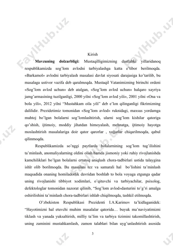 pishi, kasb-hunar sirlarini o’rganishi va kundalik turmush yumushlarini hal etishga tayyorlab borish masalasi asosiy muammolar tariqasida ta’lim jarayonida ko’ndalang bo’lib turibdi. ma’lumki, “kadrlar tayyorlash milliy dasturi”da keltirilgan uzluksiz ta’lim tizimining barcha bo’g’inlarida ushbu muammoni hal etishda o’qitish jarayoni sub’ektlarining o’ziga xos o’rni mavjud. jumladan, maxsus maktabgacha tarbiya muassasalari bolalarini tarbiyalash va o’qitishda psixologik-pedagogik tashxis qo’yish masalalariga ham alohida e’tibor qaratish hozirgi davrning dolzarb muammolaridan biridir. shu sababli, biz ushbu bitiruv malakaviy ishimizda maxsus maktabgacha yoshdagi bolalarga tashxis qo’yishning psixologik-pedagogik xususiyatlarini o’rganish va tahlil qilishni maqsad qilib qo’ydik. buning uchun esa umumiy psixodiagnostika, pedagogik-psixologik diagnostika, psixokorrekstiya, eksperimental psixologiya va maxsus psixologiya fanlaridan olgan bilimlarimizning nazariy hamda amaliy jihatlardan foydalanib ishni yoritish maqsadga muvofiq o’ylaymiz. maxsus psixologiya, maxsus pedagogik-psixologiya asoslarida zaif ko’ruvchi, ko’r, zaif eshituvchi, kar va tayanch a’zolarida nuqsonlari bor maktabgacha tarbiya yoshidagi bolalarning o’ziga xos tomonlari idrok, diqqat, his-tuyg’u, xotira, tafakkur xususiyatlarining buzilishlarini umumiy va ruhiy holatlarini taqqoslash asosida to’g’ri …
