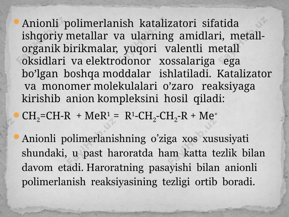 g yangi o ‘ta muhim imkoniyati sigler-natta ilmiy izlanishlari natijasida yaratildi. ular murakkab katalizatorlarni tekshirib, tanlab, ishlatib, monomeri katalizator bilan fazoda ma’lum holat va yo‘nalishda koordinasiyalab, xohlagan mikrostrukturali polimerlar olish uslubini ishlab chiqishdi. sigler va natta tomonidan kompleks katalizatorlarning kashf qilinishi anionli polimerlanish sohasida qo`lga kiritilgan eng katta yutuqlardan biri bo`ldi. sigler-natta katalizatorlari i-iii guruh elementlarining organik birikmalaridan va iv-viii guruh qo‘shimcha guruh elementlaridan tuziladi. katalizatorlar geterogen va gomogen holatda olinadi. geterogen katalizatorlar ishtirokida izotaktik, gomogen katalizatorlar ishtirokida esa sindiotaktik polimerlar olinadi. polipropilen, polisteriol va boshqa ba`zi polimerlar o`zlarining fazoviy tuzilishiga qarab izotaktik va sindiotaktik polimerlarga bo`linadi. 1. izotaktik polipropilen: ~ сн2 – сн - сн2 – сн - сн2 – сн - сн2 – сн ~ | | | | сн3 сн3 сн3 ch3 2. sindiotaktik polipropilen: сн3 ch3 | | ~ ch2- ch - ch2- ch – ch2 - ch – ch2 - ch ~ | | ch3 …