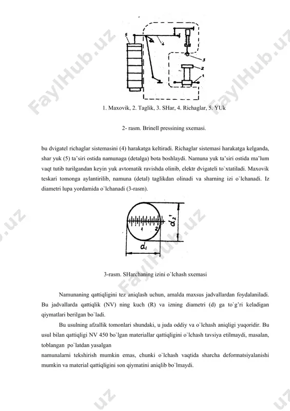 lum vaqt tutib turilgandan keyin yuk avtomatik ravishda olinib, elektr dvigateli to`xtatiladi. maxovik teskari tomonga aylantirilib, namuna (detal) taglikdan olinadi va sharning izi o`lchanadi. iz diametri lupa yordamida o`lchanadi (3-rasm). 3-rasm. sharchaning izini o`lchash sxemasi namunaning qattiqligini tez aniqlash uchun, amalda maxsus jadvallardan foydalaniladi. bu jadvallarda qattiqlik (nv) ning kuch (r) va izning diametri (d) ga to`g’ri keladigan qiymatlari berilgan bo`ladi. bu usulning afzallik tomonlari shundaki, u juda oddiy va o`lchash aniqligi yuqoridir. bu usul bilan qattiqligi nv 450 bo`lgan materiallar qattiqligini o`lchash tavsiya etilmaydi, masalan, toblangan po`latdan yasalgan namunalarni tekshirish mumkin emas, chunki o`lchash vaqtida sharcha deformatsiyalanishi mumkin va material qattiqligini son qiymatini aniqlib bo`lmaydi. hisobotni yozish tartibi 1. ish maqsadi. 2. brinell pressining sxemasi chiziladi. 3. izning diametri o`lchanadi. 4. jadvalni to`ldirish. 5.izning diametridan va qattiqlik jadvalidan foydalanib, namunaning qattiqligi aniqlanadi va 1-jadvalga kiritiladi. 8. xulosa chiqariladi. namuna materiali shar diametri, d mm yuklanish p yuklanish ostida tutib …