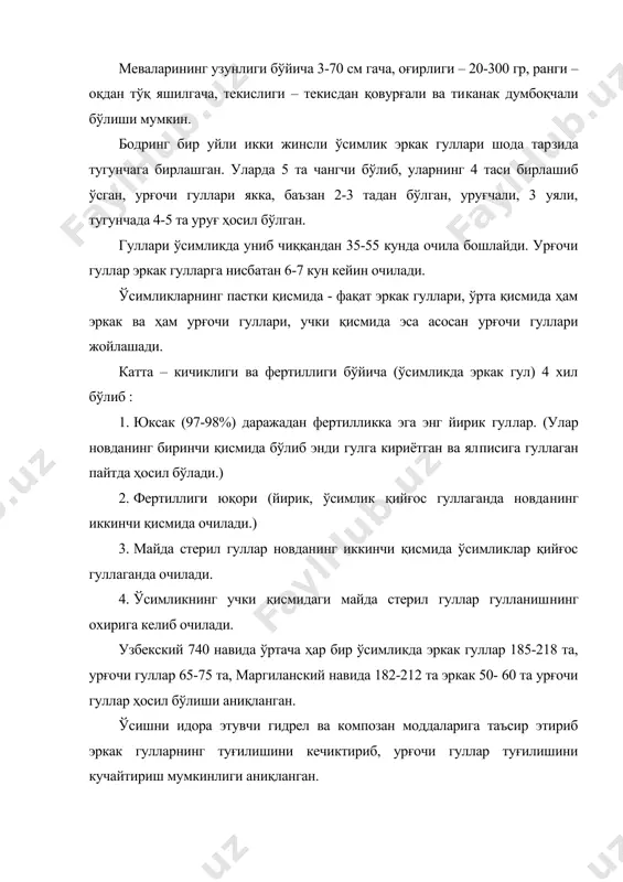 ди. бодрингда, айниқса иссиқ хоналарда ўстириладиган йирик мевали навларида партенокарпия ҳодисаси кенг тарқалган. уруғи бўлмайдиган мевалар очилган меваларнинг товарлик сифатларини узоқроқ сақлаб қолишга ва меваларни кўпроқ вақт оралатиб, камроқ марта йиғиб олишга имкон беради. ўсимликлардаги жами урғочи гул​ларнинг ўртача 56.7 –66.7 % гулларида мевалар ҳосил бўлади, то етил​гунча эса 27% мевалар сақланиб қолади. меваларда ўртача 196-225 та, бир тўп ўсимликда эса 1052-1093 та уруғ ҳосил бўлган. бундан ташқари 11-14% етилмаган уруғлар ҳосил бўлган. етилиш даврининг охирига келиб (45-50 кунлик) уруғларнинг 1000 тасининг оғирлиги – 28 гр, унувчанлиги – 96-98% ни ташкил этади. умуман ўртача бодрингда 1000 дона уруғ оғирлиги 15-25 грамм бўлиб, 1 кг да 40-60 мингта уруғ бўлади, 1м3 ҳажмда омборхонада 600-650 кг уруғ сақлаш мумкин. бодринг уруғи 6 – 8 йил унувчанлигини сақлаш мумкин, лекин 1-2 йили унувчанлиги юқори бўлади. 2.селекция ютуқлари ва йўналишлари. ўзбекистонда фарғона во​дийси ва тошкент воҳасида қадимдан экилиб келинади ва халқ селек​цияси йўли билан …