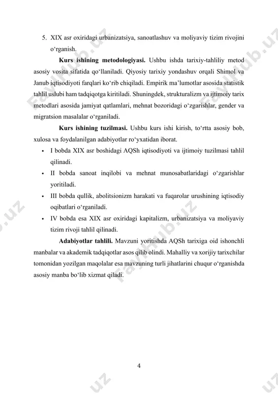 hilar tomonidan yozilgan maqolalar esa mavzuning turli jihatlarini chuqur o‘rganishda asosiy manba bo‘lib xizmat qiladi. i bob. xix asr boshlarida aqsh iqtisodiyoti va ijtimoiy tuzilmasi 1.1. agrar jamiyatdan industrializatsiyaga o‘tish bosqichlari xix asr boshlarida amerika qo‘shma shtatlari hali-hanuz agrar jamiyat tamoyillari asosida shakllangan edi. mustaqillikdan so‘ng (1776), yangi tuzilgan davlatning iqtisodiy hayotida qishloq xo‘jaligi yetakchi o‘rinda bo‘lib, mamlakat aholisining aksariyati mustaqil fermerlar, plantatsiya egalari yoki qishloq dehqonlari sifatida faoliyat yuritgan. ayniqsa janubiy shtatlarda iqtisodiyotning negizi paxtachilikka asoslangan bo‘lib, bu yerda qullik institutining iqtisodiy bazasi ham mavjud edi. paxtaning xalqaro bozor talabiga mos ravishda yetishtirilishi janubda yirik plantatsiya xo‘jaliklarining shakllanishiga, bu esa o‘z navbatida, qullar mehnatiga tayanadigan iqtisodiy tizimning mustahkamlanishiga olib kelgan. boshqa tomondan, shimoliy shtatlarda esa mayda va o‘rta fermer xo‘jaliklari, hunarmandchilik va bosqichma-bosqich rivojlanayotgan sanoat tarmoqlari mavjud edi. industrializatsiyaga o‘tish jarayoni aqshda asta-sekin va mintaqaviy tafovutlar bilan kechdi. sanoat inqilobining birinchi belgilari xviii asr oxiri – xix asr boshlarida …