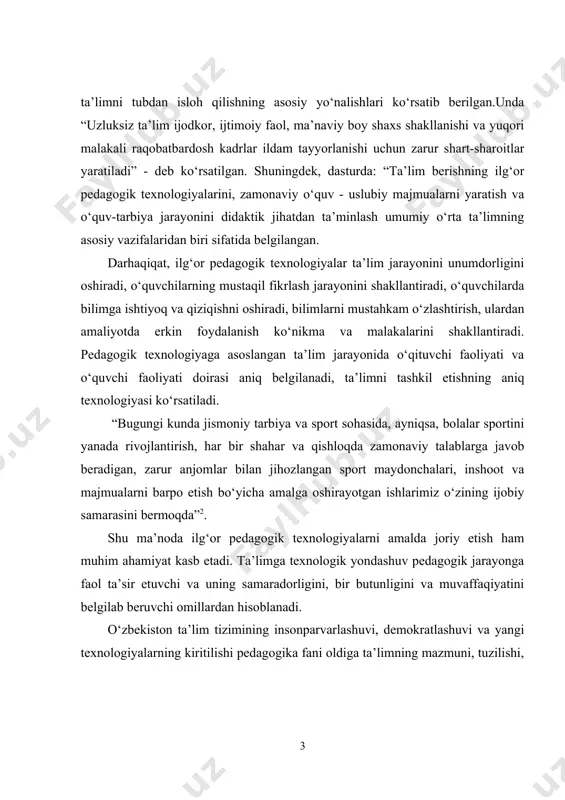 ini va muvaffaqiyatini belgilab beruvchi omillardan hisoblanadi. o‘zbekiston ta’lim tizimining insonparvarlashuvi, demokratlashuvi va yangi texnologiyalarning kiritilishi pedagogika fani oldiga ta’limning mazmuni, tuzilishi, rivojlanish darajasi, imkoniyatlari va texnologiyasini aniqlashdek murakkab vazifalarni qo‘ydi. bu vazifalarni hal qilish bir qancha muammolarni keltirib chiqardi. kurs ishining maqsadi: jismoniy tarbiya darslarida pedagogik texnologiyalarni joriy etishning yo‘l va usullarini ishlab chiqish. kurs ishining vazifasi:jismoniy tarbiya darslarida pedagogik texnologiyalarni joriy etishning nazariy ahamiyatlarini o’rganish. kurs ishining tashkiliy tuzilmasi:ushbu kurs ishi 2 ta bob,4 ta paragrf, xulosa va foydalanilgan adabiyotlardan iborat. i-bob. i bob. jismoniy tarbiya darslarida pedagogik texnologiyalarni joriy etishning nazariy asoslari. 1.1. jismoniy tarbiya darslarida pedagogik texnologiyalarni joriy etishning ilmiy- pedagogik asoslari. ijtimoiy-iqtisodiy islohotlar davrida jamiyat hayotiga yangiliklarning kirib kelishi, inson mehnatining takomillashishi, qulaylikka ega bo‘lishi, yangilanib borishiga bo‘lgan ehtiyoj ta’lim sohasida ham bir qator o‘zgarishlar bo‘lishini taqozo etmoqda. hozirgi kunga kelib ta’lim sohasida shu davrgacha erishilgan yutuqlarni asrab-avaylagan holda ma’lum stereotiplardan voz kechish vaqti keldi. …