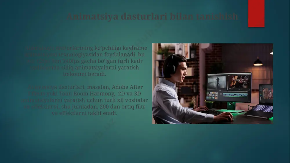 fayllarini tanlash rasm va video fayllarning sifatini (masalan, 1920x1080 piksel yoki undan yuqori) va fayl hajmini (masalan, 100 mb dan oshmasligi) hisobga olish kerak, bu animatsiya jarayonini tezlashtiradi. animatsiya uchun mos keladigan kadr tezligi (fps) – 24, 30 yoki 60 fps –ni tanlash muhim, chunki bu animatsiya silliqligini ta'minlaydi. audio va video fayllarni import qilish import qilingan video fayllarni tahrirlashdan oldin, ularning kattaligi va ramka tezligi (fps) kabi parametrlarini tekshirish lozim, chunki bu parametrlar keyinchalik animatsiya yaratish jarayoniga ta'sir qiladi. katta hajmdagi (1 gb dan ortiq) audio yoki video fayllarni import qilish vaqti sezilarli darajada ortadi, shuning uchun protsessorning kuchliligi va ram hajmi muhim rol o'ynaydi, bu jarayonni tezlashtirishga yordam beradi. ranglarni tuzatish ranglarni tuzatish jarayonida white balance (oq rang muvozanati) ni sozlash, ranglarning haroratini 3000k dan 10000k gacha o'zgartirishga va ranglarning tabiiyligiga erishishga yordam beradi. ranglarni to'g'rilashda 16 million rangdan ortiq palitradan foydalanish, ranglarning aniqligi va yorqinligini 100% ga …