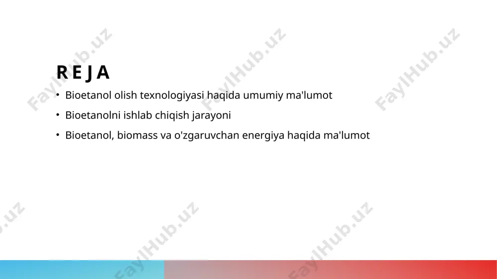 arini samarali va foydali sifatida qo'llash imkoniyatlarini yaratadi. 4 sifat va ekologik ta'sir bioetanol, yuqori sifatli bir energiya manbai bo'lib, ekologik ta'siri minimal. bu texnologiya asosida olingan energiya samaradorligi ekologik tasirni pasaytiradi. bioetanol va uzbekiston qishloq xo'jaligi bioetanol olish texnologiyasi o'zbekiston qishloq xo'jaligida bioetanolning olish texnologiyasi yangi ish turlarini yaratadi va energiya boyicha islohotlarni oshiradi. qishloq xo'jaligidagi bioetanolning ahamiyati bioetanol olishi qishloq xo'jaligida ishlab chiqarilgan mahsulotlar uchun yangi bozorlar ochadi va agrokimyo muammosini yechishga yordam beradi. bioetanolning ekologik ahamiyati bioetanol qishloq xo'jaligidagi toza energiya manbalarini rivojlantirish orqali ekologik muammolarni hal etishga yordam beradi va o'ziga xos bo'lgan sifatli energiya yetkazib beradi. fermentatsiya jarayoni va bioetanolning olishi 1 fermentatsiya fermentatsiya, shakarni alkogolga aylanish jarayoni, bioetanol olishida kritikal ahamiyatga ega bo'lib, mikroorganizmlar orqali sodir bo'ladi. 2 bioetanol bioetanol, o'tkazilgan fermentatsiya jarayonining mahsuloti bo'lib, energiya zaxirasi sifatida ishlatiladi va ekologik tozalikni ta'minlaydi. 3 olish bioetanol olish jarayoni, fermentatsiya natijasida olingan suvni ajratish va …