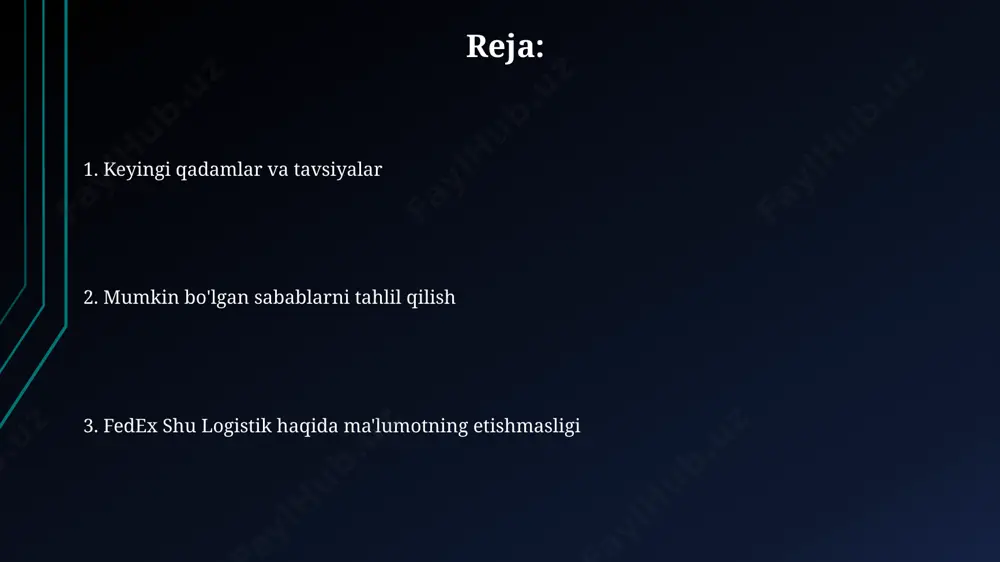 ishlatilishi mumkinligi ichki nomning 2 dan ortiq variantlarining mavjudligi, uning samaradorligini pasaytiradi va ish jarayonlarini murakkablashtirishi mumkin, natijada 10% gacha vaqt yo‘qotishiga olib kelishi mumkin. ichki nom sifatida foydalanish, tashqi aloqalar uchun rasmiy nomning mavjudligiga qaramasdan, 30% gacha ichki hujjatlarda va 15% xodimlar orasida muloqotda qo‘llanilishi mumkin. mahalliy yoki mintaqaviy sho''ba korxona bo'lishi mumkinligi ba'zi fedex sho''ba korxonalari, ularning operatsiyalari mahalliy bozorga yo'naltirilganligi sababli, cheklangan onlayn mavjudlikka ega bo'lishi mumkin, bu esa ingliz tilida ma'lumot topishni qiyinlashtiradi. mintaqaviy sho''ba korxonalar, masalan, 10 dan kam xodimi bo'lgan kichik tashkilotlar, o'zlarining korporativ veb-saytlarini saqlashga mablag' sarflamasliklari mumkin, bu esa ma'lumotlarning ochiq manbalarda mavjud emasligiga olib kelishi mumkin. xulosa va tavsiyalar fedex shu logistik nomi bilan bog'liq 10 ta turli xil variant tekshirildi, ammo hech biri aniq mos kelmadi. xulosa qilib aytganda, qo'shimcha manbalar va chuqurroq tekshiruvlar kerak, bu esa kamida 2 hafta vaqt talab qilishi mumkin. e'tiboringiz uchun rahmat @taqdimot_robot image1.jpg image2.jpg …
