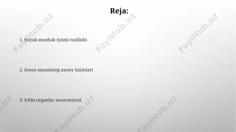 an traxeyadan va bronxlardan iborat. nerv tizimi inson miyasi taxminan 100 milliard neyronga ega bo'lib, ularning orasida trilyonlab sinaptik aloqalar mavjud, bu esa murakkab fikrlash jarayonlarini ta'minlaydi va butun dunyo bo'ylab neyrobiologlar tomonidan o'rganiladi. periferik nerv tizimi 12 juft kranial nervlar va 31 juft orqa miya nervlaridan tashkil topgan bo'lib, ular butun tanaga, shu jumladan qo'llar, oyoqlar va ichki organlarga signallar uzatadi va ularning holatini monitoring qiladi. inson tanasining asosiy tizimlari miyaga qon ta'minoti uchun mas'ul bo'lgan ichki karotid arteriyalari bosh miyasining oldingi va orqa qismlariga qon olib keladi. ularning diametri taxminan 6 millimetr atrofida. inson tanasida 206 ta suyakdan iborat skelet tizimi mavjud bo'lib, ularning 50 dan ortig'i qo'l va oyoqlarning mayda suyaklaridan iborat. bu skelet tizimi harakatlanish va organlarni himoya qilishda muhim rol o'ynaydi. e'tiboringiz uchun rahmat @taqdimot_robot image3.png image4.jpg image5.jpg image6.jpg image7.jpg image8.jpg image9.jpg image10.jpg image1.png