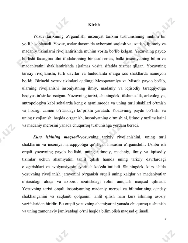 ib qolganki, go`yoki til va yozuv bir umr birga bo`lgandek ko`rinadi. lekin yozuvning paydo bo‘lishi tilning paydo bo‘lishichalik uzoq o‘tmishga ega emas. olimlarning ta‘kidlashicha, yozuvning tarixi taxminan o‘n-o‘n besh yildan ko‘p emas. ba‘zi tillarning esa haligacha o‘z yozuvi yo‘q. masalan, amerika qit‘asining ba‘zi mahalliy aholilarida[footnoteref:1]. yozuv paydo bo‘lganidan beri bizga misli ko‘rilmagan imkoniyatlarni ochib bergan. uni taraqqiyotning kashfiyotchisi desak ham bo‘ladi. negaki, agar bizda yozuv bo‘lmaganda edi, ajdodlarimiz yaratgan meroslari bizgacha yetib kelmagan va biz ulardan foydalana olmagan bo‘lardik. yozuv insoniyat hayotida juda katta rol o‘ynaydi. dunyoning har qanday burchagida, har qanday sohada bo‘lsin, yozuv doimo foydalanilib kelmoqda. yozuv axborot almashinuv jarayonida ham o`zining beqiyos hissasini ko`rsatmoqda. agar yozuv bo‘lmaganda bilasizmi qanday katta fojia yuz berardi, agar u bo‘lmaganda biz buyuk allomalarimizning buyuk asarlaridan, ko‘ngilga xush yoquvchi satrlaridan va hikmatli so‘zlaridan bahramand bo‘lolmagan bo‘lardik. bu juda ham tassavur qilib bo‘lmas holat, albatta. yana shuningdek, biz yozuv tufayli tildagi turli xil …