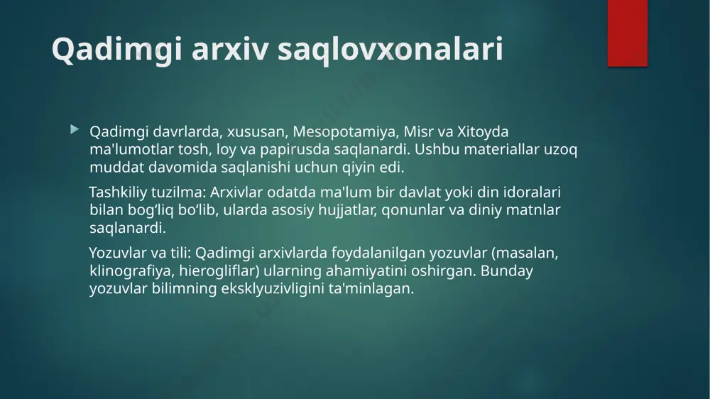 ularning ahamiyati. fransiyadagi xartiyalar arxivi. ispaniyada simankas arxivinining tashqil etilishi. angliya qirollari arxivlari (vestminstr, tauer, kapella). angliyada xvi asrda davlat hujjatlari arxivini tashkil etilishi. o’rta asrda angliyada arxiv ishining rivojlanishi. uyg’onish davrida arxiv ishi sohasida yangi davrning boshlanishi. ilk o’rta asrlarda uch qism (kuxandiz, shahriston va rabod) dan iborat bo’lib shakllangan shahar hayotida rivojlangan o’rta asrlar davriga kelib tub ijtimoiy-iqtisodiy va madaniy o’zgarishlar yuz beradi. o’rta osiyo shaharlari eski termiz, afrasiyob, marv, axsikent, buxoro, urganch, qanqa, shohruxiya, kesh, nasaf va boshqalarda olib borilgan keng ko’lamli arxeologik izlanishlar va ularni yozma manba materiallari bilan qiyosiy solishtirishlar tufayli bu davr shahar madaniyati, shaharlarning tarkibi, ularning tevarak – atrof aholi punktlari bilan o’zaro iqtisodiy va madaniy aloqalari, shaharlarning hunarmandchilik va savdo-sotiq salohiyati, karvon yo’llarining yo’nalishi, ichki va tashqi bozor, har bir shahar hayotida ustivor hisoblangan ishlab chiqarish tarmoqlari o’rganiladi. o’rta osiyo shaharlari o’rta asrlarning rivojlangan davrida juda jo’shqin taraqqiy etadi. manbalarga ko’ra, ix-x …