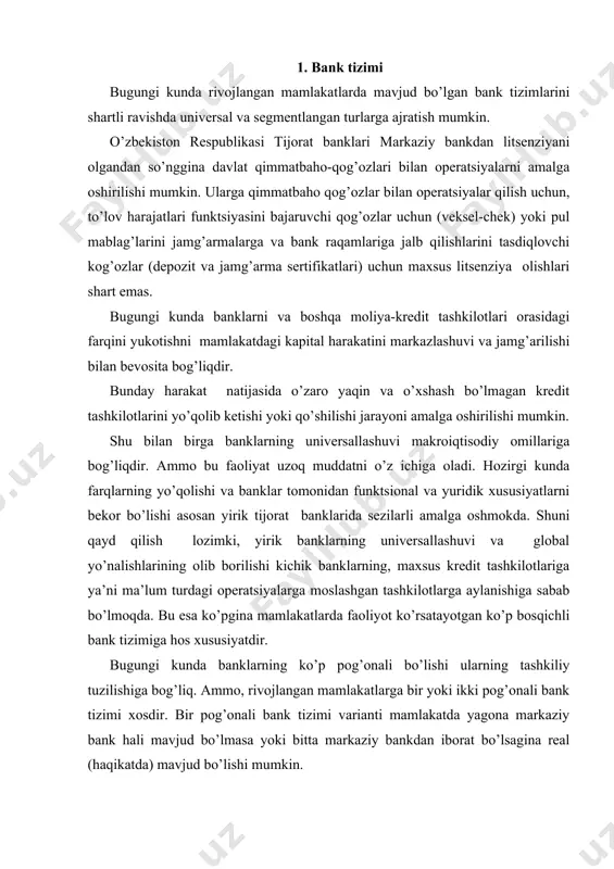 varianti mamlakatda yagona markaziy bank hali mavjud bo’lmasa yoki bitta markaziy bankdan iborat bo’lsagina real (haqikatda) mavjud bo’lishi mumkin. ammo tsivilizatsiya darajasidagi bozor iqtisodiyoti sharoitiga ikki pog’onali bank tizimi hos. bunda birinchi pog’ona banklari-bu markaziy bank, ikkinchi quyi pog’ona esa-tijorat banklari va kredit tashkilotlaridir. markaziy bank-bank tizimi mavjud bo’lgan barcha davlatlar pul-kredit tizimining asosini tashkil qiladi. markaziy bankning moliya bozoridagi o’rni mamlakatda bozor munosabatlarining rivojlanish darajasiga va xususiyatiga bog’liq. bu esa o’z navbatida ikki pog’onali bank tizimini shakllanishiga asosiy omil bo’lib hisoblanadi. chunki buning tepasida markaziy bank bo’ladi. ikki pog’onali bank tizimining zarurligi bozor munosabatlarining qaramaqarshiliklaridan kelib chiqadi. bir tomondan, bu xususiy moliya mablag’laridan erkin foydalanish huquqini talab qiladi. bu quyi pog’ona banklar-tijorat banklari orqali amalga oshiriladi. ikkinchi tomondan, bu munosabatlarni ma’lum miqdorda tartibga solish nazorat qilish maqsadli yo’naltirish zarur. bunday maxsus institut sifatida markaziy bank yuzaga chiqadi. yuqorida ko’rib o’tganimizdek bank faoliyatini maxsus litsenziya asosida amalga oshiriladigan faoliyatdir. biz …