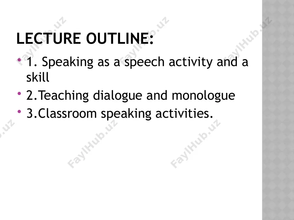 a. it includes three components: sender, message, and receiver. b. this model does not involve receiver participation. 2. two-way communication is communication that involves the receiver’s reaction or feedback to the sender’s message. 7 speaking has three functions: 8 a means of communication, a means of teaching practical aim of teaching. teaching speaking in english is conducted as a three-phase speech activity. first of all the learner has to be motivated. in this part the intention of speaking appears. in the second part the speaker begins to analyze and the process of expressing an idea begins to work. the third part of speaking is performing or expressing an idea. realization of all these three parts helps to make speaking process . 9 teaching speaking speaking skill should be taught integratively with other skills (writing, listening and reading). we can express our opinion verbally/orally in two ways namely monologue and dialogue. …