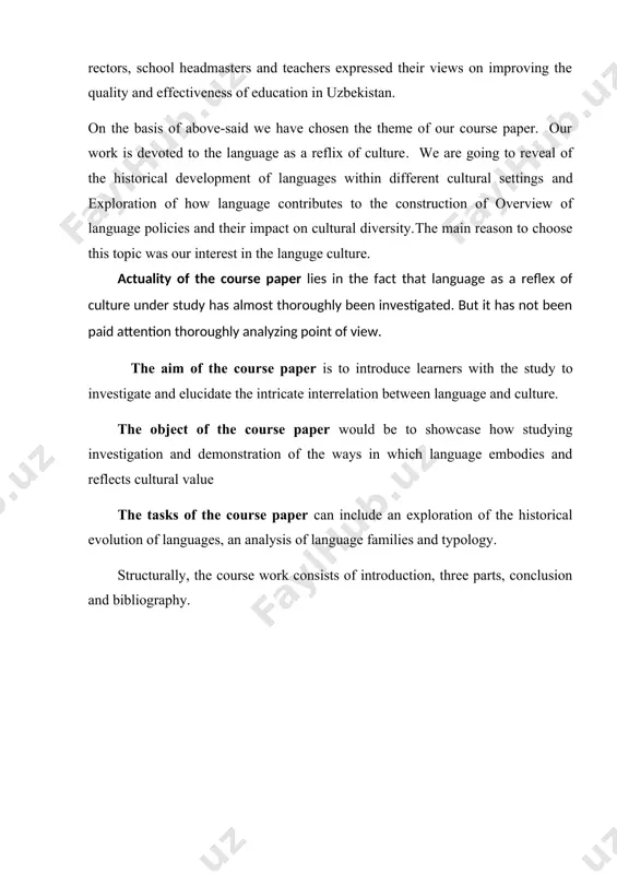 date the intricate interrelation between language and culture. the object of the course paper would be to showcase how studying investigation and demonstration of the ways in which language embodies and reflects cultural value the tasks of the course paper can include an exploration of the historical evolution of languages, an analysis of language families and typology. structurally, the course work consists of introduction, three parts, conclusion and bibliography. 1.historical development of languages within different cultural settings the historical development of languages within different cultural settings is a complex and fascinating topic that has shaped the way we communicate and interact with one another. throughout history, languages have evolved and diversified due to various cultural, social, and historical factors. from the ancient civilizations of mesopotamia and egypt to the spread of european colonialism and globalization, languages have been influenced by trade, conquest, migration, and technological advancements. the study of historical …