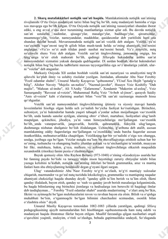 ot kabi mantiq ilmining qoidalarini chuqur o‘zlashtirganlar. ular o‘z fikrlari va tuyg‘ularini ruhan o‘quvchilar hamda tinglovchilar tafakkuri va ongiga chuqur singdira olganlar va keskin ta’sir o‘tkazganlar. har bir notiq o‘z ustida yillab tinimsiz mashg‘ulotlar olib borgan, sehrli ovoz sohibi bo‘lish uchun nutq texnikasining barcha qonuniyatlariga amal qilganlar. ular o‘zlarining ta’sirchan nutqlarini namoyish qilish bilan notiqlik san’atini "mafkuraviy va siyosiy kurash hamda yosh avlodni tarbiyalash quroli" deb hisoblaganlar va buni o‘z faoliyatlarida isbotlab berganlar. mashhur yunon faylasufl sokrat (eramizdan avvalgi 469 — 399 yillar) o‘quvchilarga ta’lim-tarbiya berishda munozara, savol-javob usulini joriy qilib, ushbu usul orqali suhbat metodiga asos solgan. sokratning shogirdi platon esa o‘z ustozi g‘oyalarini davom ettirib, savol-javobni notiqlik san’atining bir shakli sifatidagi ahamiyatini o‘z asarlarida yoritadi hamda uni inson tafakkuri va ongini, dunyoqarashini og‘zaki nutq bilan boyituvchi noyob uslub sifatida baholab, uni mazmunan amaliy va nazariy jihatdan yanada boyitdi. yunonistonda notiqlik san’atining har tomonlama takomillashishi demosen (eramizdan avvalgi 384—322 …