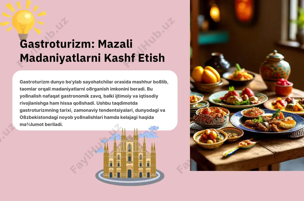 boy tarixi, noyob taomlari va mehmondo'st madaniyati bilan jahon gastroturizmida taniqli yo'nalishga aylanishi mumkin. postpandemiya davrida sayohatchilar yanada autentik va ma¾noli gastronomik tajribalarga intilmoqda. bu esa mamlakatimiz uchun katta imkoniyatlar yaratadi. gastroturizmni rivojlantirish uchun davlat, biznes va turistlarning hamkorligi muhimdir. shu bilan birga, innovatsion va barqaror yondashuvlar orqali o8zbekistonni global gastronomik xaritada yanada ko8tarish mumkin. e'tiboringiz uchun rahmat!!!