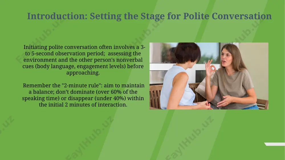 rticipants (1:1 vs. group), the setting (professional vs. personal), and the pre-existing relationships between speakers significantly influence appropriate conversational topics and volume levels, impacting politeness perception. knowing when to end a conversation: respecting time observe non-verbal cues: after approximately 10-15 minutes, watch for subtle shifts – like fidgeting, glancing at a watch, or decreased eye contact – these are strong signals indicating the other person's desire to conclude the conversation respectfully. time constraints matter: if you're aware of scheduling pressures – a meeting in 5 minutes, an appointment – politely acknowledge the time, and suggest wrapping up the conversation within a reasonable timeframe. offering help and support: a polite gesture offering unsolicited help can be perceived negatively; gauge the situation first. observe nonverbal cues; if someone seems genuinely struggling (e.g., carrying 3 heavy boxes), then offer assistance. phrase offers using "may i help you with...?" instead of direct commands. this …