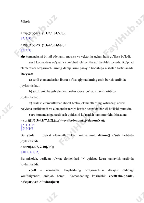 agar o'zgaruvchining nomi ifodalarda, komandalarda yoki funksiyalarda ko'rinishida ishlatilsa, u evaln( ) komandasiga ekvivalent vazifani ba-jaradi. misol: > sum(i^2, i=1..1); # xato > sum('i'^2, 'i'=1..3); agar :=’ifoda’ komandasi bajarilsa, unga ta'minlangan oldingi qiymatlar o'chiriladi (o'zgaruvchi tozalanadi). misol: > x:=1; > x; > x:='x'; > x; > y:=1; > x:=y+1; > x:='y+1'; assigned( ) komandasi ga oldin qiymat ta'minlangan bo'lsa, true, aks holda false natijani beradi. ba'zan ifodalarni unda ishtirok etgan noma'lumlarning biror qiymatida hisoblamoqchi bo'lsak eval( , q ) ko'rinishdagi komandani ishlatish kerak. misol: > g:=x^2+x+1; > eval(g,xq1); > g; agar g ifodaning qiymatini eval() komandasini ishlatmasdan x o'zgaruvchining oshkor qiymati uchun hisoblasak, uning ifodasi yo'qoladi. misol: > g:=x^2+x+1; > x:=1; > g; ifodada rasional kasrli miqdorlar bo'lsa, natijani o'nli kasr ko'rinishida hosil qilish uchun evalf( ); evalf( , n); ko'rinishdagi komandalar ishlatiladi, bunda n parametr ko'rsatilsa, u hisoblashdagi aniqlik darajasini belgilaydi, ko'rsa-tilmasa jimlik qoidasiga ko'ra aniqlik 10 xona bo'ladi. …