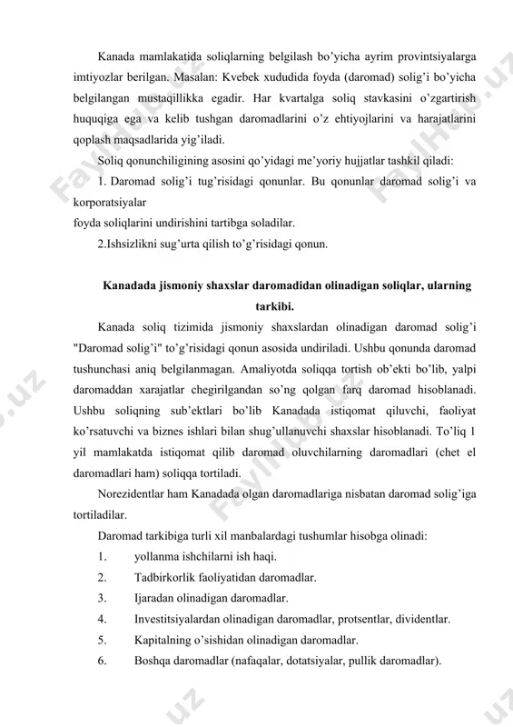 egirilgan holda ham daromad topiladi. soliqqa tortiladigan daromadni aniqlash uchun sof daromaddan qo’yidagilar chegiriladi: 6. o’tgan yilning (foydasi) kamomadi. 7. kapitalning o’sish qismi. 8. boshqa chegirmalar. 1987 yilning islohotlariga ko’ra kanada soliq tizimida federal daromad soliqlari stavkalari. 7-jadval daromad (ming kanada dollari) federal stavka 0-29590 17 29590-59180 26 59180dan yuqori 29 kanada provintsiyalarida amal qiladigan jismoniy shaxslardan olinadigan daromad solig’i bir hudud uchun alohida belgilanadi. kanada provintsiyalarida jismoniy shaxslardan olinadigan daromad solig’ining asosiy stavkalari. 8-jadval provintsiyalar daromad solig’ining stavkalari 1. nyufaundlend 52,3 2. yangi shotlandiya 50,3 3. shaxzoda edvard oroli 50,3 4. nyu-braunsuik 52,9 5. kvebek - 6. ontario 50,4 7. manitoba 51,9 soliq summasidan shuningdek soliq kreditlari ham chegirib tashlanadi: 1. umumiy chegirma – 1020$ (6000$ o’rtacha yillik daromad oluvchilardan olinadi). 2. oilalilar uchun – 850$ (ishlamaydigan oilalar a’zolarining manfaatlari uchun) 3. nochor aholi qatlami uchun – 250$ (yilgi daromad 2500$ tashkil etuvchilar uchun) 4. qariyalar uchun 550$ (60-65 …