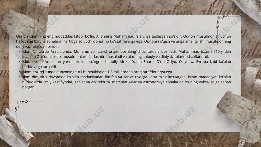 asosan yaqin sharq, shimoliy afrika, janubi-sharqiy osiyo, markaziy osiyo, turkiya va efiopiya kabi hududlarda yashaydi. islomning tarqalishi ham kengayib bormoqda va bu nafaqat geografik, balki ijtimoiy va madaniy o‘lchovlarda ham sezilmoqda. islom yevropada: yevropa davlatlarida musulmonlar soni ortib bormoqda. fransiya, buyuk britaniya, germaniya, niderlandiya va boshqa yevropalik davlatlarda musulmonlar migratsiya orqali kelganlar yoki o‘z diniy e'tiqodlarini tanlagan shaxslar sifatida ko‘paymoqda. amerikada islom: aqsh va kanada kabi davlatlarda ham islom dini tez rivojlanib bormoqda. musulmonlar amerika jamiyatida o‘zlarini mustahkamlashgan va ko‘p hollarda iqtisodiy va siyosiy sohalarda faoliyat yuritmoqdalar. islom madaniy jihatdan ham o‘z ta'sirini ko‘rsatadi. musulmonlar o‘zlarining madaniyatlarini qur'on va hadislar asosida shakllantirganlar va bu madaniyat turli hududlarda o‘zgarib borgan. san'at va me'morlik: islom madaniyatida o‘ziga xos san'at va me'morlik an'analari mavjud. masalan, islomiy me'morlikda mozaikalar, arabeska naqshlari va minora shakllari keng tarqalgan. makkadagi ka'ba va buzurg me'moriy obidalar islomning madaniy merosini tashkil etadi. etiboringiz uchun rahmat! image1.jpeg image2.png image3.png image4.png …