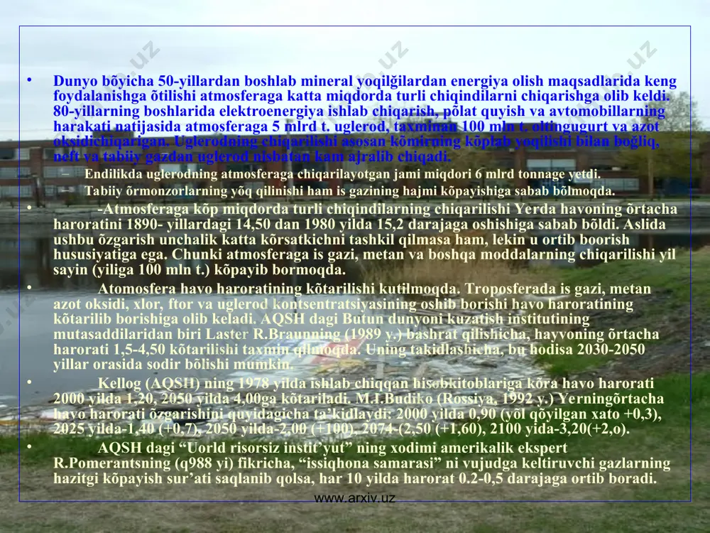 i sathining kõtarilishi kutilmoqda. dunyo okeni sathining kõtarilishi havo haroratining ortib borishi bilan bevosita boğliq. dunyo okeani sathining kõtarilishida ikki jarayonni- okean suvining issiqlik ta’sirida kengayishi va quruqlikdagi muzliklarning erishini e’tiborga olish zarur. havo haroratining ortib boorish natijasida okean sathining kõtarilishi tõğrisida turlicha fikrlar mavjud. m.i. budiko va boshq. (1992 y.) larning takidlashicha, keyingi 100 yil mobaynida okean sathi yiliga 1,2 mm dan kõtarilib bordi. g.o.golitsin, g.a.makbeyn (1992 y.) ning malumotlariga kõra, xx asr davomida okea sathi õrtacha 17,5 sm ga kõtarilgan. uning yarmi muzliklarning erishi, shuningdek okean suvlarining issiqlikdan kengayishi tufayli yuz bergan. ularning takidlashicha, xxi saning õrtalarida okean sathi 30-100sm ga kõtarilishi mukin. atrof muxitni muhofaza qilish bõyicha amerika agentligining bashoratiga kõra 2100 yilga kelib dunyo okeanining sathi 1,4-2,2 m ga kõtarilishi taxmin qilinmoqda. albatta, maskur balandlikka qadar okean sathining kõtarilishi quruqlikning katta qismini suv bosishiga olib keladi. ayniqsa okeanlarga quyiladigan yirik daryolarning deltalaridagi sholi plantatsiyalarini suv bosadi …