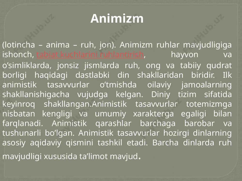 k jamiyatidagi dastlabki milliy dinlarning o‘ziga xos yana bir xususiyati oxirat to‘g‘risvdagi tasavvurning paydo bo‘lishi va unga ishonishdir. ammo bu davrda bunday tasavvurlar hali to‘la shakllanmagan edi. ular keyingi davrlarda rivojlangan. bu davrda qurbonlik kilish keng rasm bo‘lib hatto majburiy marosimlardan biri hisoblanar edi. xudolar yo‘lida meva-cheva, noz-ne’matlardan tortib, uy hayvonlarining barcha turlarigacha, qadim zamonlarda esa hatto odamlar ham qurbon qilinar edi. milliy dinlar rivojlanishining so‘ngti davrlariga kelib odamlar o‘rniga hayvonlar kurbon qilina boshlangan. shu bilan birga oxirat haqidagi tasavvurlar keng targ‘ib kilinardi. milliy dinlar elat-millat dinlari deb ham yuritiladi. chunki ular urug‘-qabila dinlaridan farkli ravishda sinfiy jamiyat qaror topishi va shakllanishi davrida vujudga kelgan va rivojlangan. binobarin, ular avvalo elatning so‘ngra, millatning shakllanishini o‘zlarida aks ettirgan. яҳудийликнинг вужудга келиши ва таълимоти. яҳудийлик дини эрамиздан аввалги 2000 йилларнинг охирларида фаластинда вужудга келиб, яккахудолик ғоясини тарғиб қилган диндир. яҳудийлик миллат дини бўлиб, фақатгина яҳудий халқига хос. яҳудийликнинг китобий асослари эр. ав. …