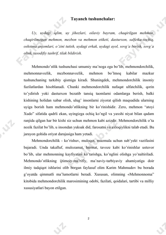 i, qoidalari, tartibi va milliy xususiyatlari bayon etilgan. olim mazkur kitobda mehmondorchilikni qadriyat darajasida talqin yetishi barobarida, uning nazariy va amaliy tomonlarini ham e’tibordan chiqarmaydi. ayniqsa, mehmon va mezbon odobiga doir nasihatlar, mehmondorchilik qoidalari, mehmon toifalari, mehmonga munosabat, mehmonga taklif, mehmondorchilik turlari kabi mavzularda mehmondorchilik nafaqat marosim ayni paytda milliy madaniyat ko’rki sifatida gavdalantirilgan. mehmondorchilikning chiroyli o’tishi asosan mezbonning kayfiyati, fe’l-atvori, axloqiy tarbiyasi hamda mezbonga nisbatan bo’ladigan munosabatiga bog’liqligini k. mahmudov bir necha hayotiy misollar va rivoyatlar orqali ko’rsatib beradi. ayniqsa,” uyiga mehmon kelmay qolsa, odamlardan o’pkalay bermay, har kim o’ziga, odob-axloqiga nazar tashlamog’i joiz”, “mezbonning ko’pchilikka malol keladigan odati bo’lsa, bundaylardan ham mehmon yuz o’giradi”, “mehmonni malol ko’radigan odam o’zi ham mehmon bo’lganda malol kelishini o’ylashi kerak”, - degan fikrlari mehmondorchilik marosimi botin va zohiriga ko’ra axloqiy-estetik jarayon ekanligidan dalolatdir. faylasuf olim b. husanov o’zining “muomala madaniyati” deb nomlanadigan darsligida «qobusnoma” da mehmonnavozlikka oid o’gitlarning matnini soddalashtirib, tavsiya etadi: …