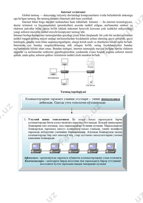ti serverdir. qolgan tugunlar serverning resurslaridan foydalanishi mumkin (masalan, novell netware, microsoft lan manager va boshqalar). 5) tarmoq operatsion sistemalarini ishlatish bo'yicha (tarmoq os): • gomogenli - qamma tugunlarda bir xil yoki yaqin operatsion sistemalardan foydalaniladi (masalan, windows os tarmoqi); • geterogenli - bir vaqtning o'zida bir nechta tarmoq operatsion sistemalari ishlatiladi (masalan, novell netware va windows). lokal tarmoqda axborotni uzatish uchun axborotni marshrutlash va selektsiyalash lozim bo'ladi. marshrutlash bu — kerakli manzilga axborot blokini uzatish yo'lini aniqlash jarayonidir. selektsiyalash — tegishli manzildagi axborotni saralash demakdir. lokal tarmoqlar selektsiyalash orqali axborotni bir abonent tizimidan boshqa tizimga uzatishni ta'minlaydi. mintaqaviy tarmoq — biror tuman, viloyat yoki respublika miqyosidagi kompyuterlarni o'zida mujassamlashtirgan tarmoq. bunday tarmoqda bir nechta markazlashgan (ya'ni lokal tarmoqlarni birlashtiruvchi) juda quvvatli serverlar mavjud bo'ladi va bunday serverlar o'rtasidagi axborot aloqa kabeli, optik tolali yoki sun'iy yo'ldosh radioaloqa kanallari yordamida uzatiladi. internet va intranet global tarmoq — dunyoning ixtiyoriy davlatidagi …