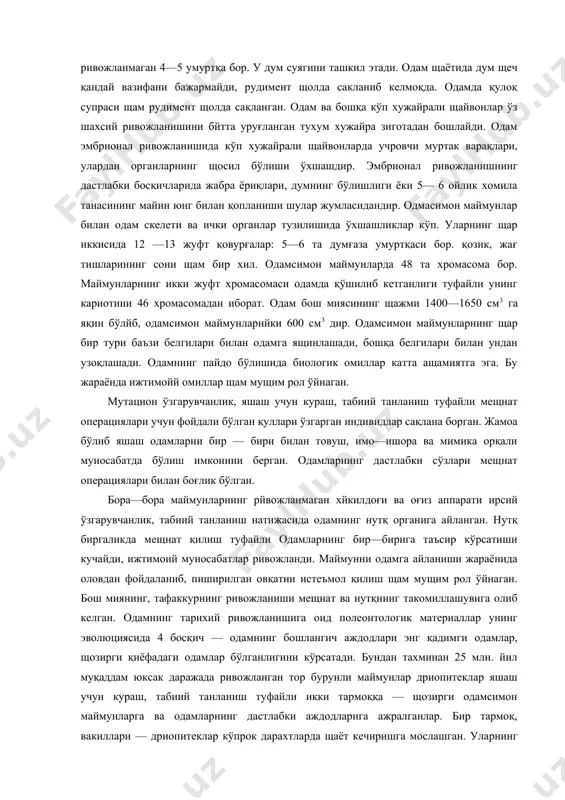 ак қисмида ўпка, юрақ қорин бўшлиғида эса меда, ичаклар, жигар, буйрак ва бошқа ички органлар жойлашган. одам ва сут эмизувчи щайвонлар уч хил: (жағ, қозиқ, курак) тишлар, қулоқ супраси борлиги, ўрта қулоқда узанги, болрача, сандон деб аталувчи суякчалар борлиги, тананинг юнг билан қопланганлигига кўра ўхшашдир. одамда бир қанча рудимент органлар учрайди. уларнинг бири — кўричак. дағал озик билан озиқланувчи барча щайвонларда кўричак яхши ривожланган. умуртқали щайвонларнинг кўпчилигида дум бўлади. у тегишли вазифани бажаради. катта ёшдаги одам умуртқа поғонасининг пастки қисмида тўлиқ ривожланмаган 4—5 умуртқа бор. у дум суягини ташкил этади. одам щаётида дум щеч қандай вазифани бажармайди, рудимент щолда сакланиб келмоқда. одамда қулоқ супраси щам рудимент щолда сақланган. одам ва бошқа кўп хужайрали щайвонлар ўз шахсий ривожланишини бйтта уруғланган тухум хужайра зиготадан бошлайди. одам эмбрионал ривожланишида кўп хужайрали щайвонларда учровчи муртак варақлари, улардан органларнинг щосил бўлиши ўхшашдир. эмбрионал ривожланишнинг дастлабки босқичларида жабра ёриқлари, думнинг бўлишлиги ёки 5— 6 ойлик хомила …