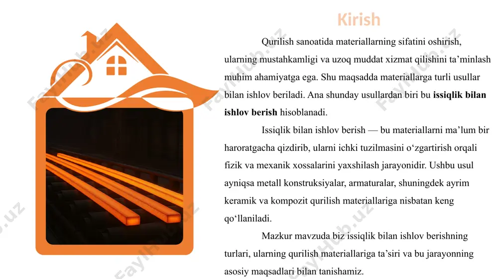 larli ta’sir koʻrsatadi. materialning oʻrtacha zichligi asosan uning gʻovakliligiga bogʻliq. shu bilan birga, gʻovaklik - bu materialning issiqlik oʻtkazuvchanligiga bogʻliq boʻlgan asosiy omil. shuning uchun, bilan ma’lum chegaralar ichida yetarli darajada aniqlik bilan zichlik va issiqlik oʻtkazuvchanligi oʻrtasidagi bogʻliqlikni chiziqli deb hisoblash mumkin. materialning oʻrtacha zichligi 66 qanchalik past boʻlsa, undagi teshiklar shunchalik koʻp boʻladi va issiqlik oʻtkazuvchanligi past boʻladi. shuning uchun (x) issiqlik oʻtkazuvchanligini tavsiflash uchun siz materialning oʻrtacha zichligini ishlatishingiz mumkin. quyidagi issiqlik izolyatsiya materiallari markalari (kg/m3) tashkil etilgan: d15, d25, d35, d50, d75, d100, d125, d150, d200, d250, d300, d350, d400, d500, d600. issiqlik izolyatsiyalovchi materiallarning zichligi boʻyicha sinfini oʻrnatish maqsadga muvofiqligi issiqlik oʻtkazuvchanligini aniqlash bilan solishtirganda zichlikni hisoblashning soddaligi bilan koʻrsatiladi. namlik materiallarning issiqlik oʻtkazuvchanligiga sezilarli ta’sir koʻrsatadi, chunki materialning gʻovaklerindeki havoni almashtiradigan suv λ = 0,58 vt/(m·k) ga ega, bu havodan 25 baravar yuqori. issiqlik bilan ishlov berishning 3 bosqichi mavjud. bosqichidir isitish bosqichi cho'kish …