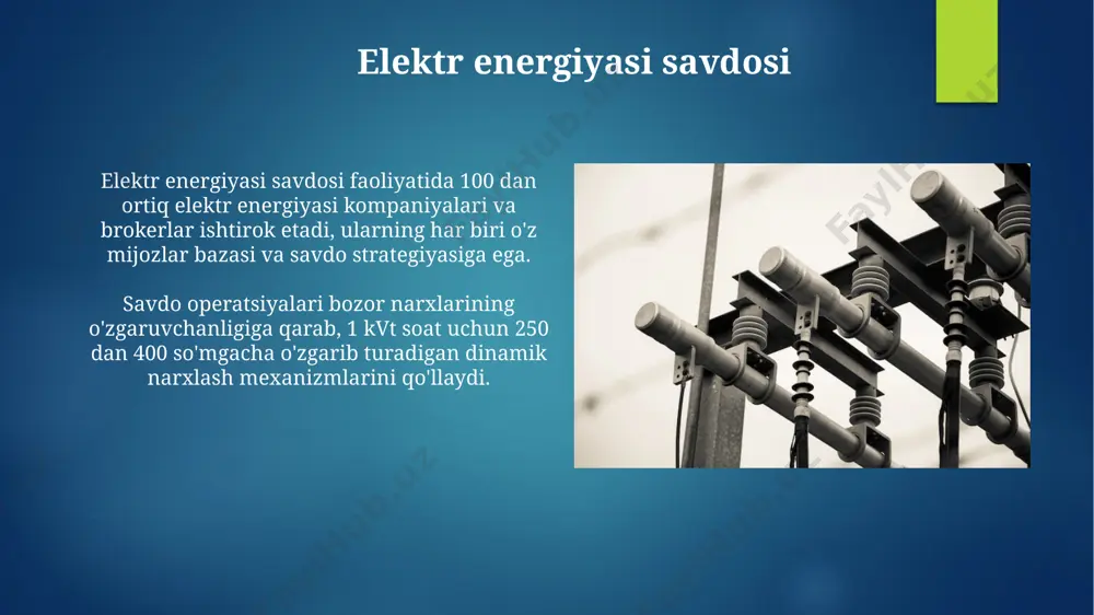 oring tizimlari muhim ahamiyatga ega. uzoq masofalarga elektr energiyasi uzatishda, ~300 km dan ortiq masofalarda yuqori samaradorlikka erishish uchun dc (to'g'ri tok) uzatish texnologiyalari qo'llaniladi. elektr energiyasi taqsimlash elektr energiyasi taqsimlash samaradorligi, yo'qotishlarni minimallashtirish uchun, optimallashtirilgan tarmoq topologiyasi va avtomatlashtirilgan boshqaruv tizimlari orqali 95% dan yuqori bo'lishi maqsad qilinadi. yuqori kuchlanishli elektr uzatish liniyalari orqali olingan yuqori quvvatli elektr energiyasi, taqsimlash transformatorlari yordamida iste'molchilarga mos keladigan 220/380 v kuchlanishiga tushiriladi. elektr energiyasi iste'moli aholi tomonidan elektr energiyasi iste'moli kun davomida o'zgarib turadi va cho'qqilar, odatda, kechki soatlarda kuzatiladi, bu esa energiya tarmog'ining yuklanishini boshqarishni talab qiladi. 2023 yilda o'zbekistondagi elektr energiyasi iste'moli taxminan 70 milliard kvt/soatni tashkil etdi va kelgusi yillarda bu ko'rsatkichning o'sishi kutilmoqda. e'tiboringiz uchun rahmat @taqdimot_robot image6.jpg image7.jpg image8.jpg image9.jpg image10.jpg image11.jpg image12.jpg image13.jpg image14.jpg image15.jpg image16.jpg image17.jpg image2.png image3.png image4.png image5.png