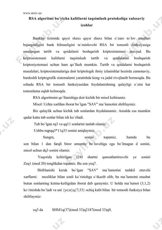 itmining qo`llanishi quyidagicha: har bir foydalanuvchi ikkita yetarli darajada katta bo`lmagan r va q tub sonlarni tanlaydilar va yuqorida keltirilgan algoritm bo`yicha d va ye tub sonlarini ham tanlab oladi. bunda nqpq bo`lib, {ye;n} ochiq kalitni {d;n}esa maxfiy kalitni tashkil etadi. ochiq kalit ochiq ma`lumotlar kitobiga kiritaladi. ochiq kalit bilan shifrlangan shifrmatnni shu kalit bilan deshifrlash imkoniyati yo`q bo`lib, deshifrlashning maxfiy kaliti faqat shifr ma`lumotining haqiqiy egasigagina ma`lum. gammalashtirish gammalashtirish amalda ko`p qo`llaniladigan kriptografik akslantirish bo`lib, yuqorida ko`rib o`tilgan vijiner va cheksiz kalitli shifrlash uslublari kabidir. gammalashtirish bilan shifrlash uslubining mohiyati ochiq matnga (yoki shifrmatnga) shu matn alfavit belgilaridan tuzilgan psevdotasodifiy deb ataluvchi matndan ajratib olib tashlash mumkin bo`lgan ketma - ketlikni, ya`ni gammani qo`shishdan (qorishtirishdan) iborat. misol uchun 2 modul bo`yicha qo`shishdan foydalanish mumkin: ochiq matn: 0110011100100011… gamma: 1110110010110101… gammalashtirilgan matn: 1000101110010110… gamma: 1110110010110101… ochiq matn: 0110011100100011… bu misoldan ko`rinadiki, deshifrlash uchun kalit bo`yicha (ya`ni gamma bo`yicha) shifrmatnni 2 …