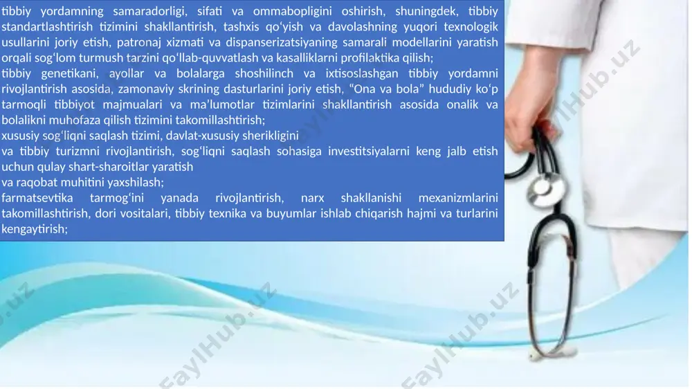 ni, sogʻliqni saqlash mutaxassislarining malakasini oshirish va ularni qayta tayyorlash tizimini qayta koʻrib chiqish, muammolarga yoʻnaltirilgan modulli oʻquv dasturlarini joriy etish, masofadan oʻqitish mexanizmlarini keng qoʻllash; boshqaruv va oʻquv jarayoniga yuqori malakali va malakali xorijiy mutaxassislar, olimlar va oʻqituvchilarni keng jalb etish; v) ikki oy muddatda qonun hujjatlariga ushbu farmondan kelib chiqadigan oʻzgartirish va qoʻshimchalar toʻgʻrisida takliflarni oʻzbekiston respublikasi vazirlar mahkamasiga kiritsin. mazkur farmonning ijrosini nazorat qilish oʻzbekiston respublikasining bosh vaziri a. n. aripov, oʻzbekiston respublikasi prezidenti administratsiyasi rahbari z. sh. nizomiddinov, oʻzbekiston respublikasi prezidenti maslahatchisi a. a. abduvaxitov, oʻzbekiston respublikasi prezidenti maslahatchisining birinchi oʻrinbosari b. m. mavlonov zimmasiga yuklansin. oʻzbekiston respublikasi prezidenti sh. mirziyoyev e’tiboringiz uchun rahmat image1.jpeg image2.jpeg image3.png /docprops/thumbnail.jpeg
