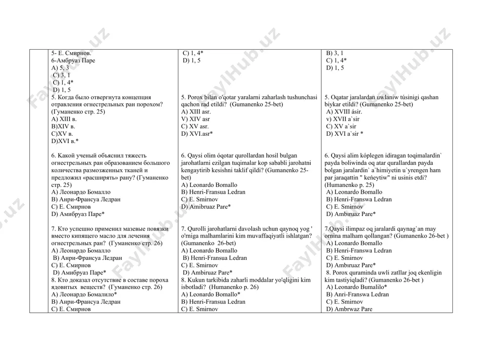 с) первичный туалет раны d) первичная хирургическая обработка раны 12. кто описал технику операции первичной хирургической обработки огнестрельных ран? (гуманенко стр. 26) а) леонардо бомалло в) анри-франсуа ледран с) пьер-жозефи дезо* d) амбруаз паре 13.какие ученые оказали большое влияние в развитии военно-полевой хирургии в начале xix в.? (гуманенко стр. 28) а) леонардо бомалло и пьер-франсуа перси в) анри-франсуа ледран и пьер-жозеф дезо с) пьер-жозеф дезо и амбруаз паре d) пьер-франсуа перси и доминик жан ларрей* 14. кто впервые разработал систему оказания хирургической помощи? (гуманенко стр. 28) а) доминик жан ларрей* в) анри-франсуа ледран с) пьер-жозеф дезо d) амбруаз паре 15. кто создал полевые подвижные перевязочные лазареты? (гуманенко стр. 28) а) доминик жан ларрей* в) анри-франсуа ледран с) пьер-жозеф дезо d) амбруаз паре 16. как называли полевые подвижные перевязочные лазареты, созданные доминик жан ларрей? (гуманенко стр. 28) а) «летучие амбулансы»* в) «быстрые амбулансы» с) «надежные амбулансы» d) «хорошие амбулансы» 17. пирогов …