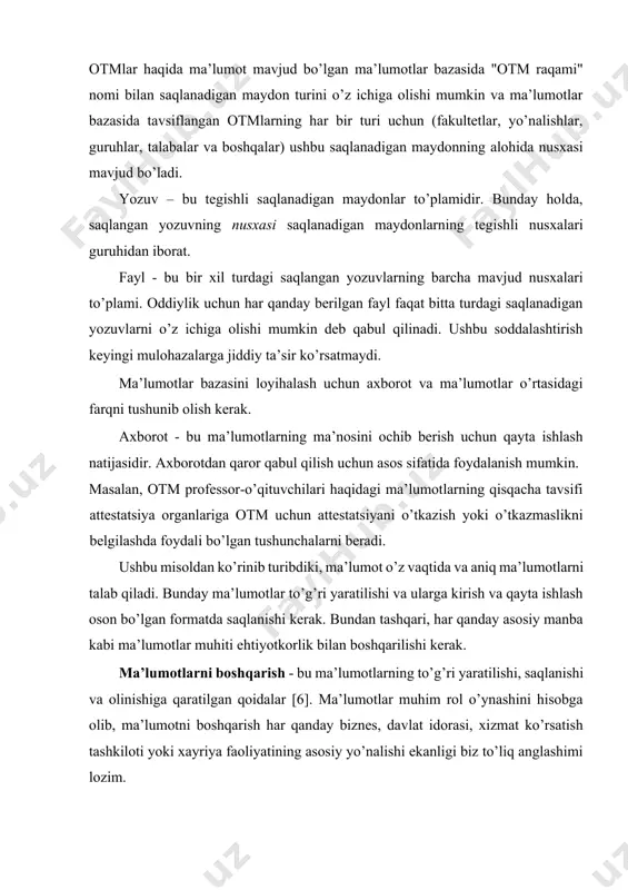 sh odatda kompyuter ma’lumotlar bazasidan foydalanishni talab qiladi. ma’lumotlar bazasi bu quyidagilar to’plamini saqlaydigan umumiy, birlashtirilgan kompyuter tuzilmasi: · tashqi foydalanuvchi ma’lumotlari, ya’ni oxirgi foydalanuvchini qiziqtirgan muhim faktlar; · metadata (ma’lumotlar haqidagi ma’lumotlar [6]), ular orqali oxirgi foydalanuvchi ma’lumotlari birlashtiriladi va boshqariladi. metadata ma’lumotlar xarakteristikalarini va ma’lumotlar bazasida topilgan ma’lumotlarni bog’laydigan munosabatlar to’plamini tavsiflaydi. masalan, metama’lumotlar komponenti har bir ma’lumot elementining nomi, har bir ma’lumot elementida saqlanadigan qiymatlar turi (raqamlar, sana yoki matn) va ma’lumotlar elementini bo’sh qoldirish mumkinligi kabi ma’lumotlarni saqlaydi. metadata ma’lumotlarning qiymati va ishlatilishini to’ldiruvchi va kengaytiradigan ma’lumotlarni taqdim etadi. qisqa qilib aytsak, metadata ma’lumotlar bazasida ma’lumotlarning yanada to’liq tasvirini taqdim etadi. ma’lumotlar bazasini boshqarish tizimi (mbbt) bu ma’lumotlar bazasi tuzilishini boshqaruvchi va unda saqlanadigan ma’lumotlarga kirishni boshqaradigan dasturlar to’plami. qaysidir ma’noda ma’lumotlar bazasi juda yaxshi tashkillashtirilgan elektron topshirish kabinetiga o’xshaydi, unda kuchli dasturiy ta’minot (mbbt) kabinet tarkibini boshqarishga yordam beradi. ma’lumotlar bazasining turlari. har bir ma’lumotlar …