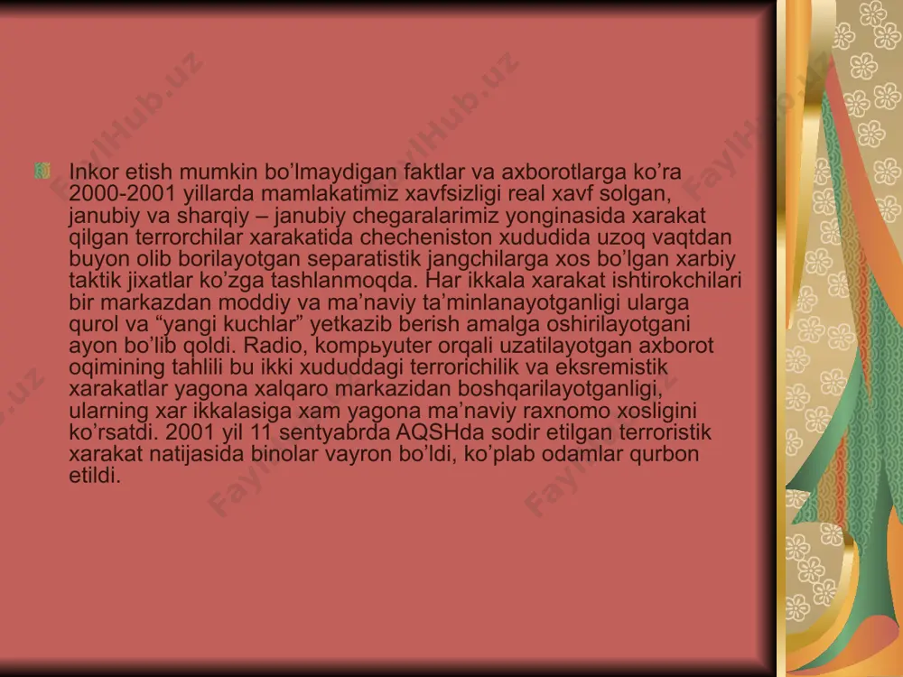 a xam o’zbekiston raxbariyatining taklifi sabab bo’ldi. umuman, o’zbekiston jaxon xalqaro tashkilotlarining ixtisoslashgan, iqtisodiy madaniy va boshqa tashkilotlari bo’limlarida faol ishtirok etib mintaqaviy va dunyo barqarorligini saqlashda yurtboshimiz tomonidan ibratli ishlar amalga oshirilmoqda. mamlakatimiz o’z mustaqilligini qo’lga kiritgandan keyin tarixan qisqa vaqt ichida iqtisodiy ijtimoiy - siyosiy va ma’naviy - ma’rifiy soxalarda juda katta yutuklar qo’lga kiritildi. prezidentimiz 1992 yildayok: “oldin odamlarga moddiy boylik berish, so’ngra ma’naviyat to’g’risida o’ylash kerak, deganlar xaq bulmasalar kerak. ma’naviyat – insonning xalqning, jamiyatning, davlatning kuch-qudratidir” - deb ta’kidlagan edi. ana shu ko’rsatmaga muvofik ma’naviyatni rivojlantirish mamlakatda amalga oshiralyotgan barcha ishlarda unga tayanish davlat siyosati darajasiga ko’tarildi. xususan prezilentimizning 1999 yil 23 aprelda respublikamizda “ma’naviyat va ma’rifat” jamoatchiligini tuzish to’g’risida, 1996 yil 9 sentyabrda esa “ma’naviyat va ma’rifat” jamoatchiliq markazi faoliyatini yanada takomillashtirish to’g’risida 1999 yil 3 sentyabrdagi respublika ma’naviyat va ma’rifat kengashini qo’llab - quvvatlash to’g’risidagi farmonlari va 1998 yil 24 iyulda o’zbekiston respublikasi …