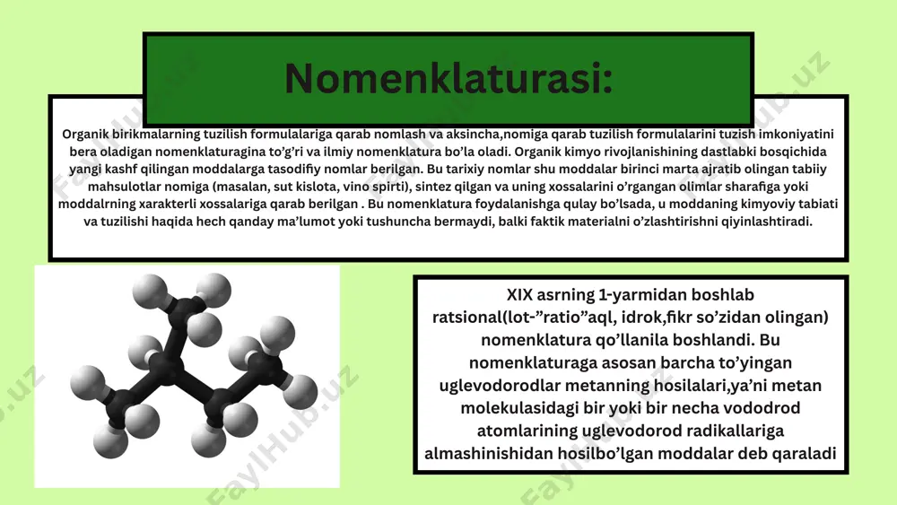 nib, qattiq metan klatrat (metangidrat) hosil qilishi mumkin. hozirgi vaqtda undan tijorat maqsadida foydalanish mumkin bo'lmasa-da, ma'lum bo'lgan metan-klatrat konlarining yonuvchi energiyasi miqdori barcha tabiiy gaz va neft konlarining energiya tarkibidan oshadi. shunday qilib, metan klatratidan olingan metan kelajakdagi yoqilg'i uchun nomzoddir. yuqori alkanlarning bir guruhi mumlar , standart atrof-muhit harorati va bosimidagi qattiq moddalar (satp), ular uchun uglerod magistralidagi uglerod atomlari soni taxminan 17 dan ortiq. ularning takroriy - ch 2 birliklari bilan alkanlar gomologni tashkil qiladi . a'zolari molekulyar massasi bo'yicha 14,03 u ga karrali bo'lgan organik birikmalar qatori ( 12,01 u massali bitta uglerod atomini va har birining massasi ~ 1,01 u bo'lgan ikkita vodorod atomini o'z ichiga olgan har bir metilen-ko'prikning umumiy massasi ) . alkanda har bir uglerod atomi sp 3 - 4 sigma aloqasi (c–c yoki c–h ) bilan gibridlanadi va har bir vodorod atomi uglerod atomlaridan biriga (c–h bogʻida) qoʻshiladi. molekuladagi bog'langan uglerod …